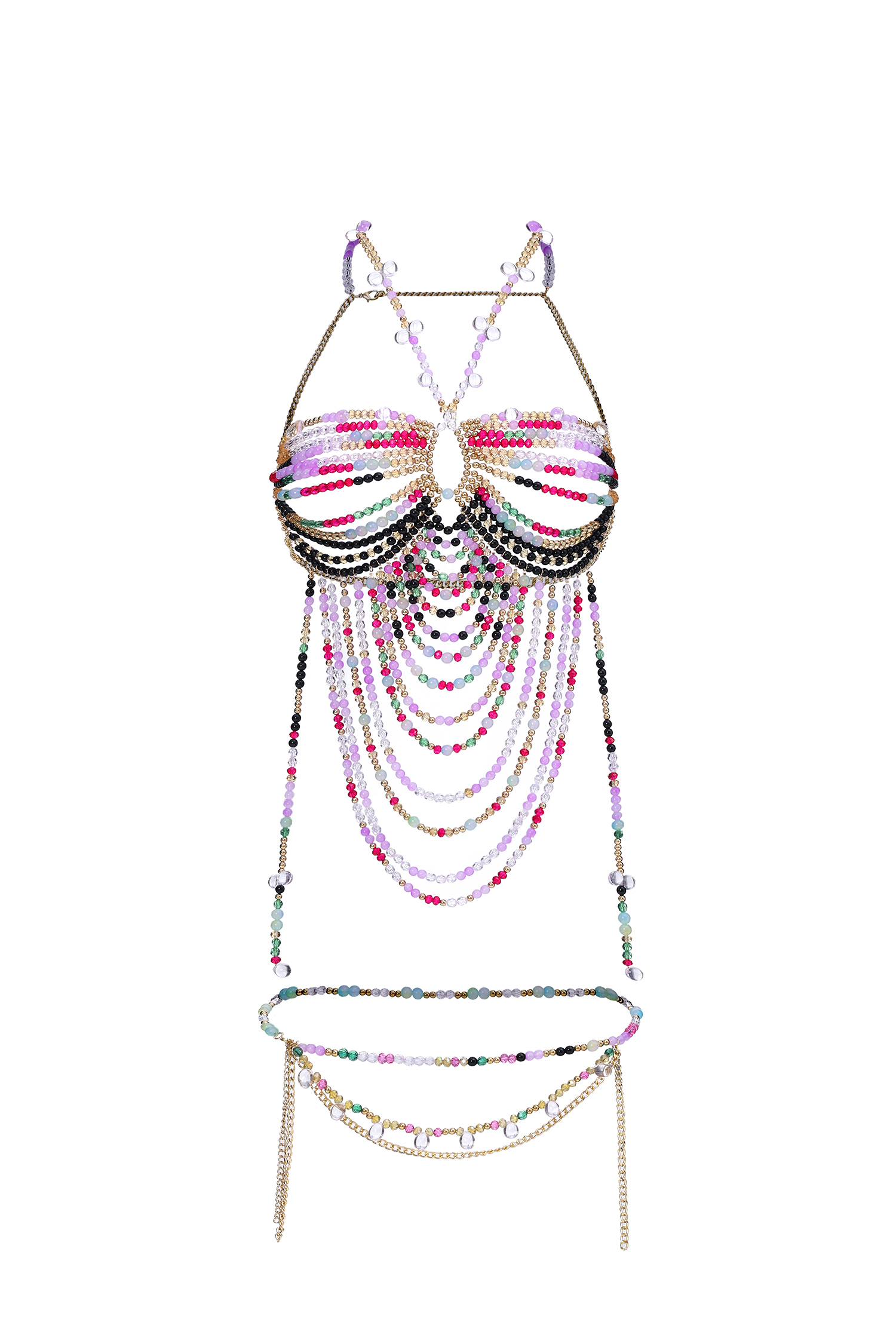 Yannei Classic Halter Colorful Beaded Top With Matching Waist Chain