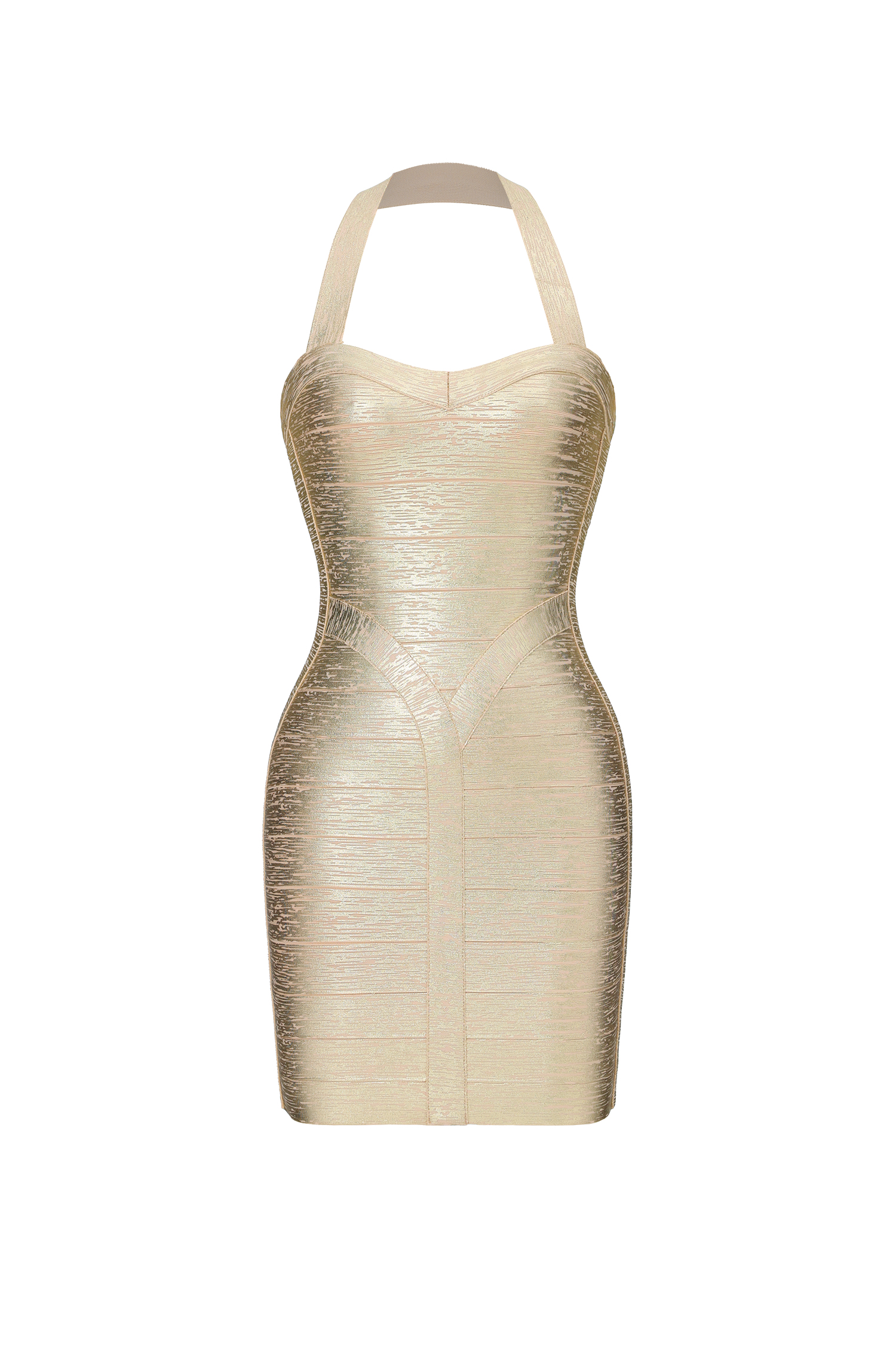 Natalya Classic Contour Halter Golden Metallic Bandage Midi Dress