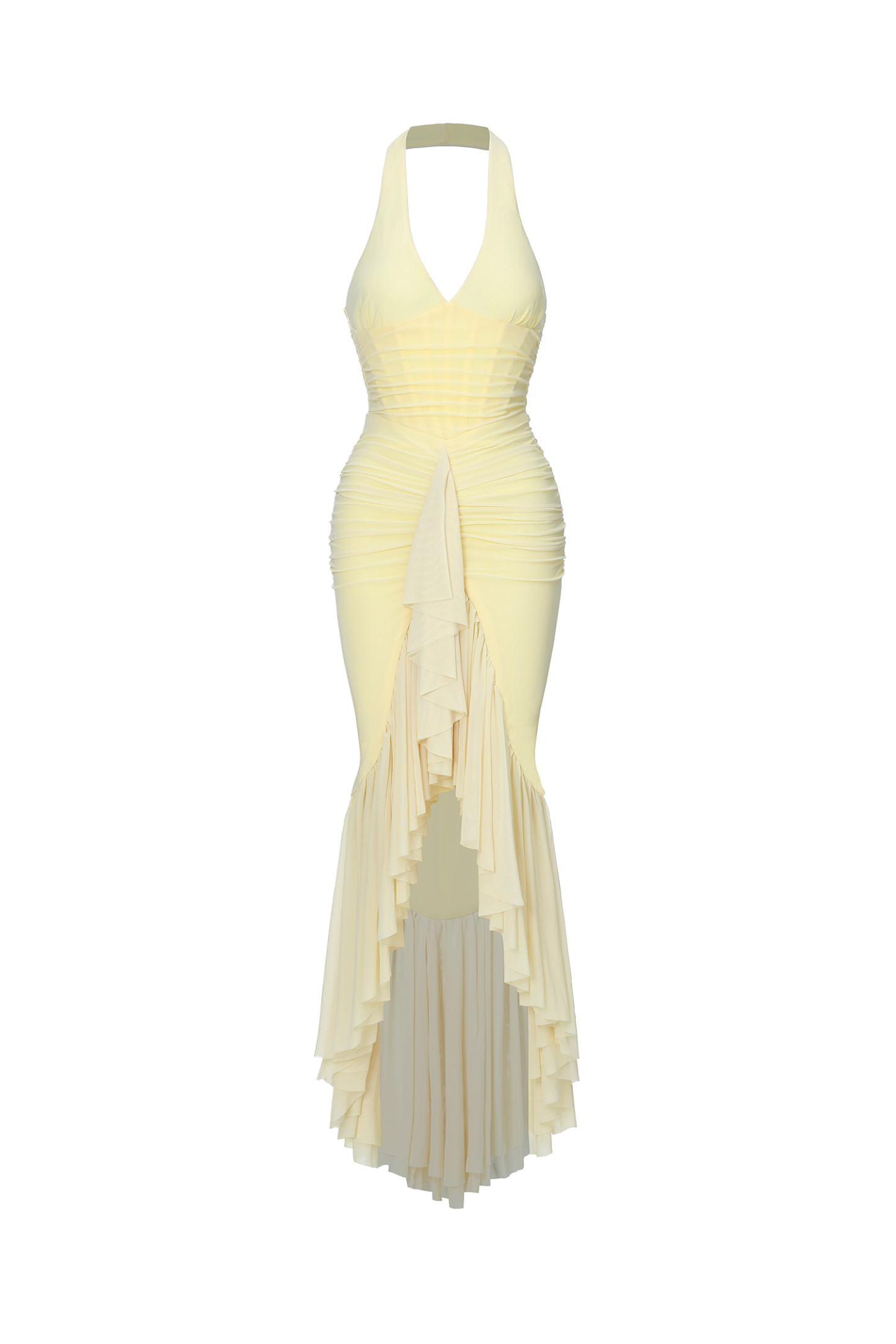 Isolde Romantic Contour Halter V Neck Ruched Mesh Maxi Dress