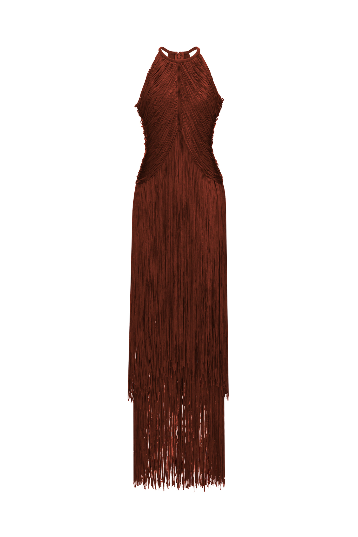 Taye Classic Contour Halter Fringe Bandage Red Maxi Dress