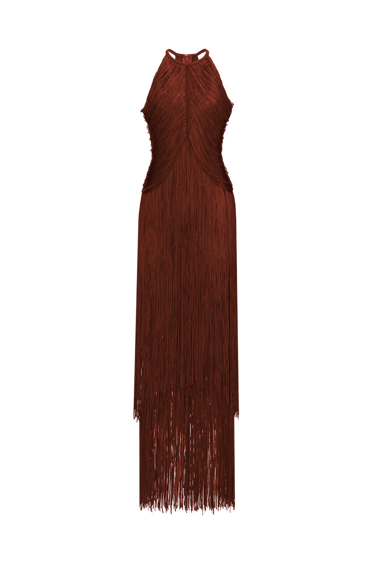 Taye Classic Contour Halter Fringe Bandage Red Maxi Dress