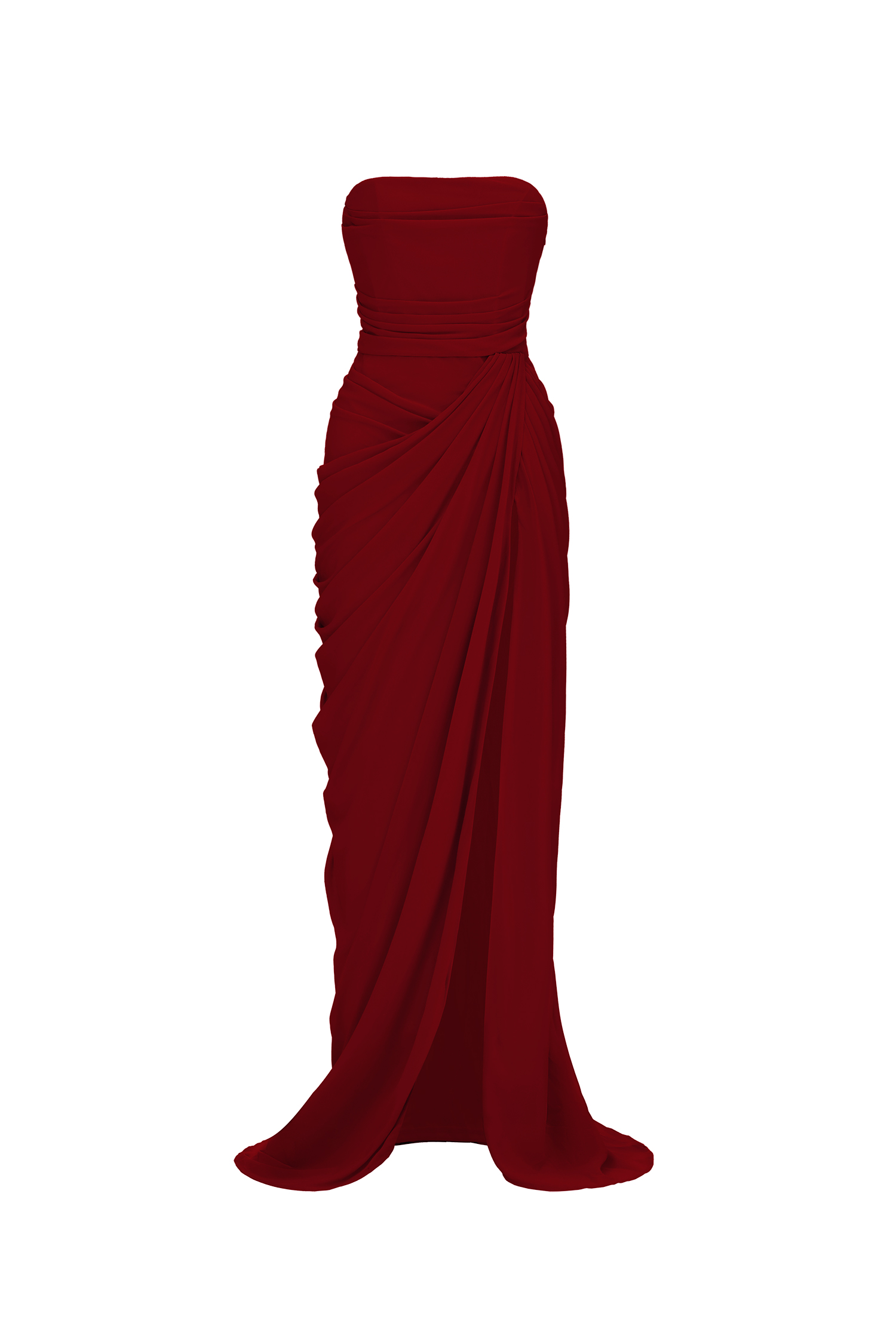 Tazeda Elegant Contour Strapless Ruched Mesh Red Maxi Dress