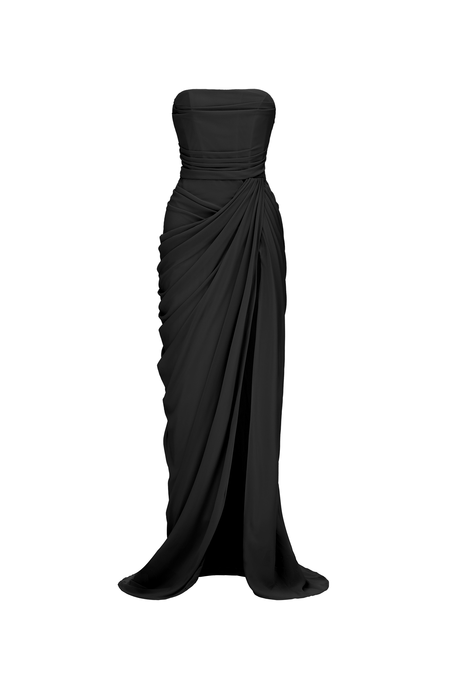 Tazeda Elegant Contour Strapless Ruched Mesh Black Maxi Dress