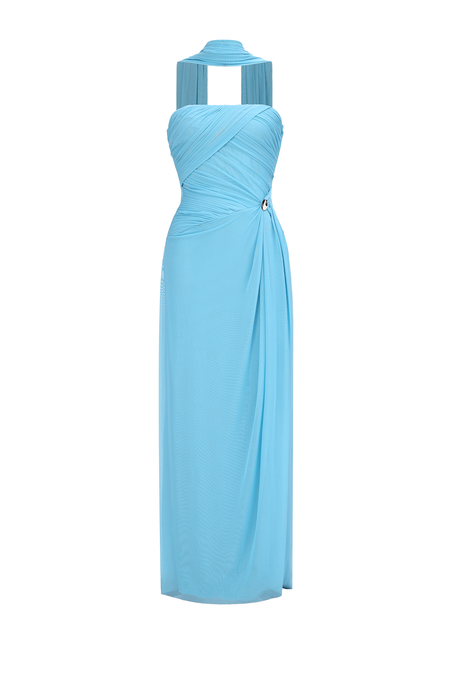 Gwen Elegant Flowy Strapless Ruched Mesh Maxi Dress