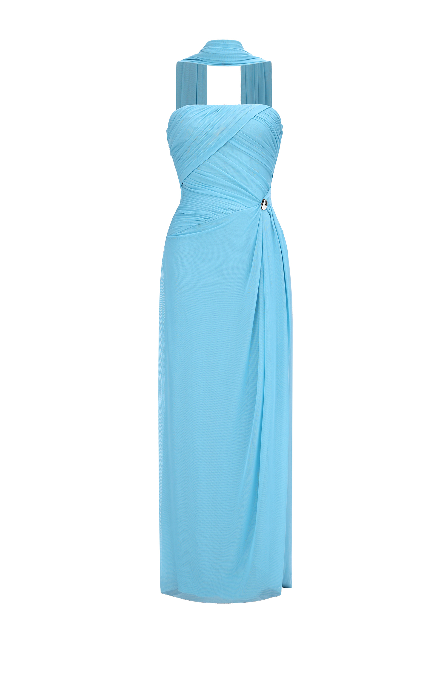 Gwen Elegant Flowy Strapless Ruched Mesh Maxi Dress