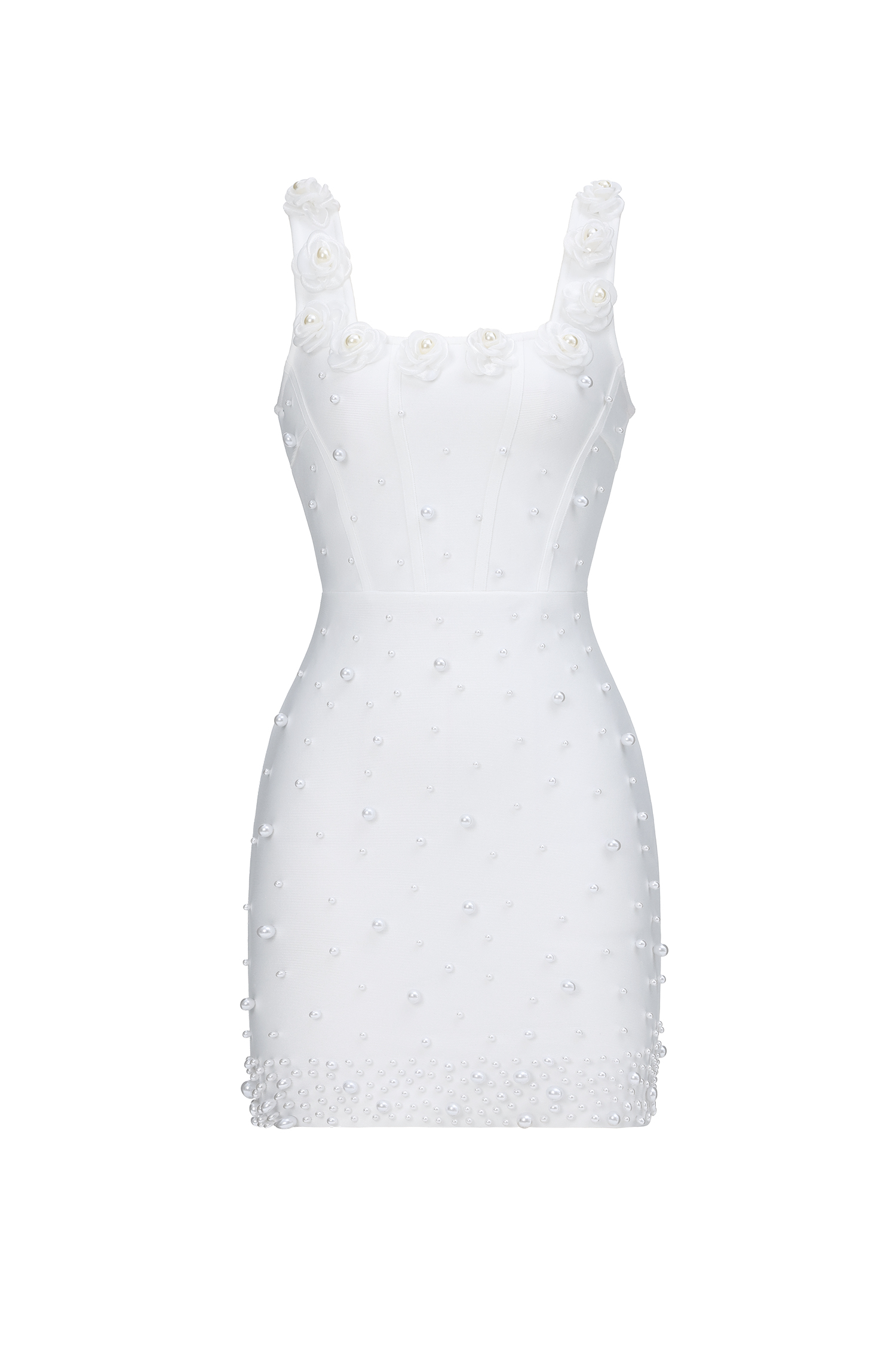 Krome Elegant Fitted Square Neck Floral Pearl Embellished Bandage White Mini Dress