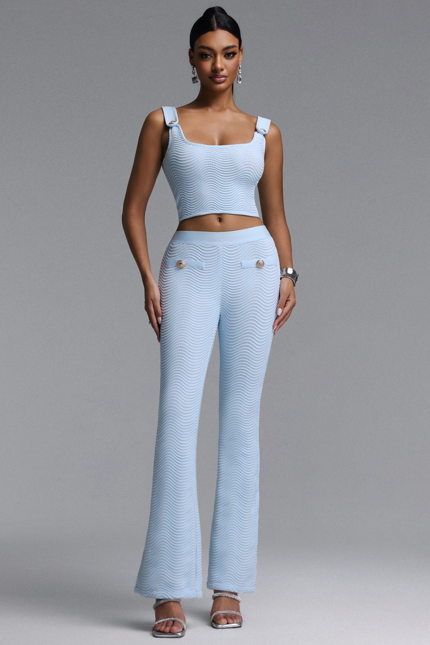Vivienne Chic Straight-shoulder effect Sleeveless Square Neck Wavy Knit Blue Top and Pant Set