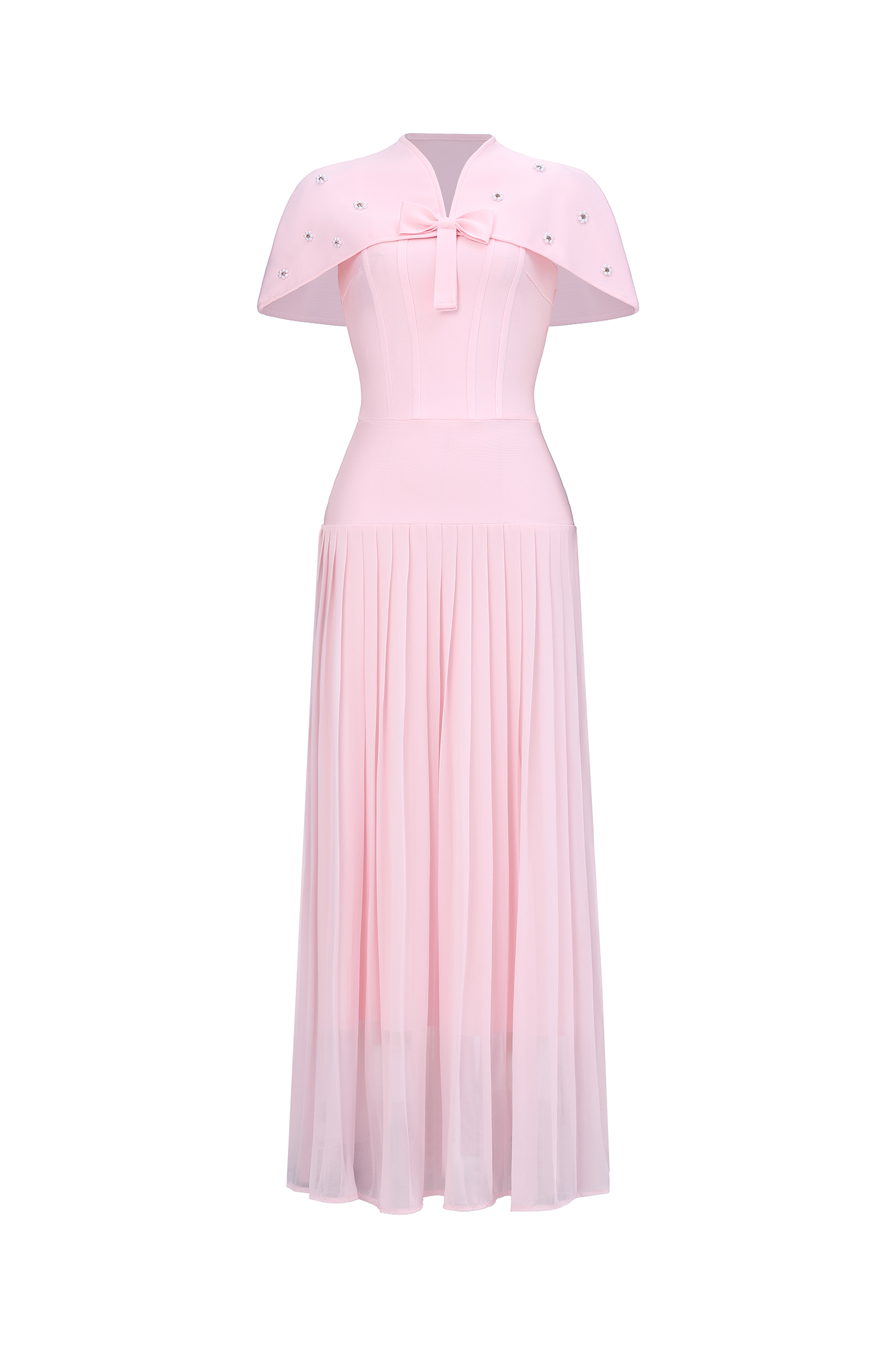 Devere Elegant Sophisticated Cape Style Pleated Bandge Maxi Dress