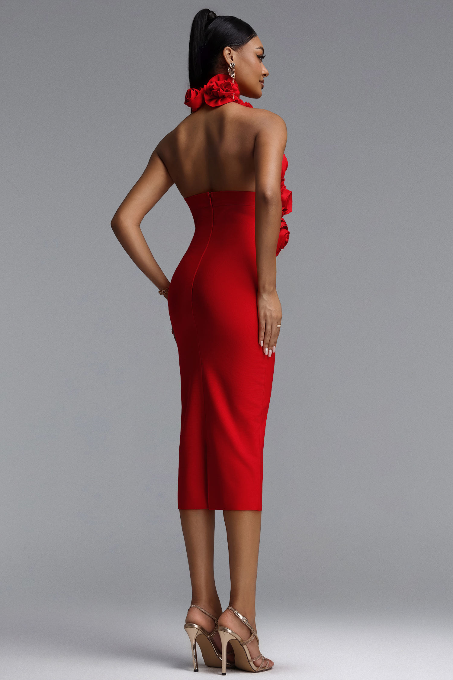 Rocelle Elegant Tailored Halter Floral Bodycon Bandge Midi Dress