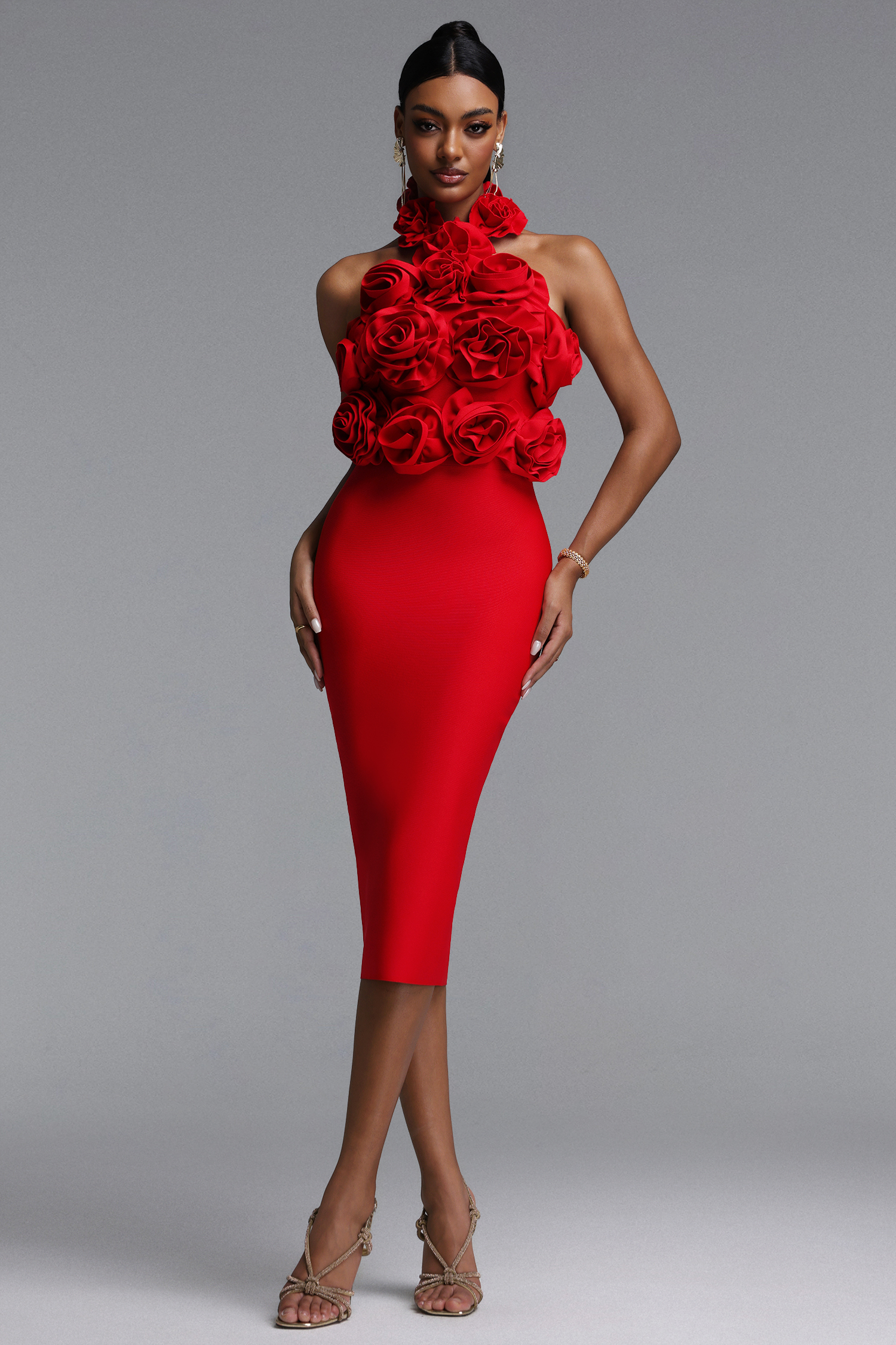 Rocelle Elegant Tailored Halter Floral Bodycon Bandge Midi Dress