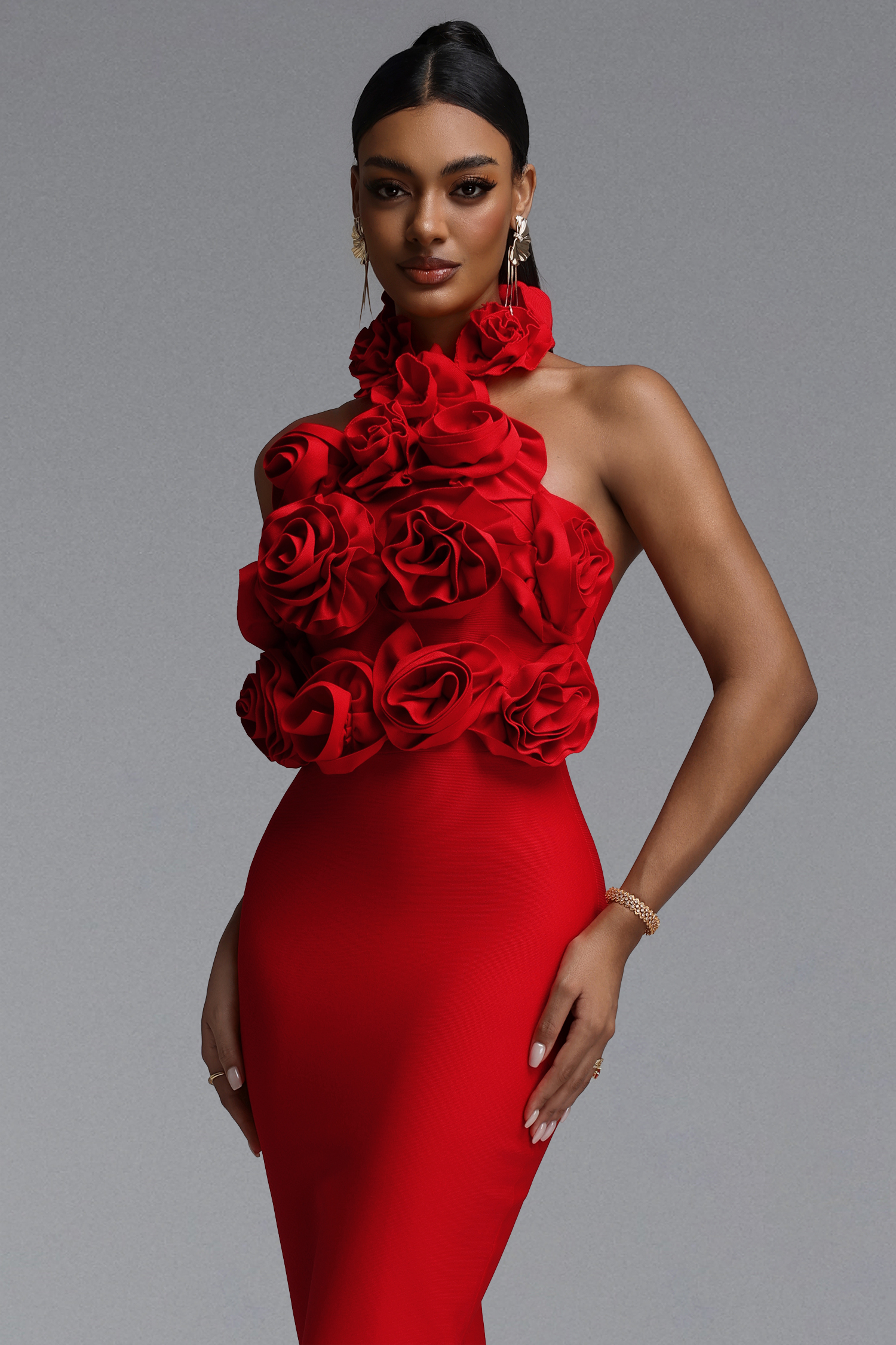 Rocelle Elegant Tailored Halter Floral Bodycon Bandge Midi Dress