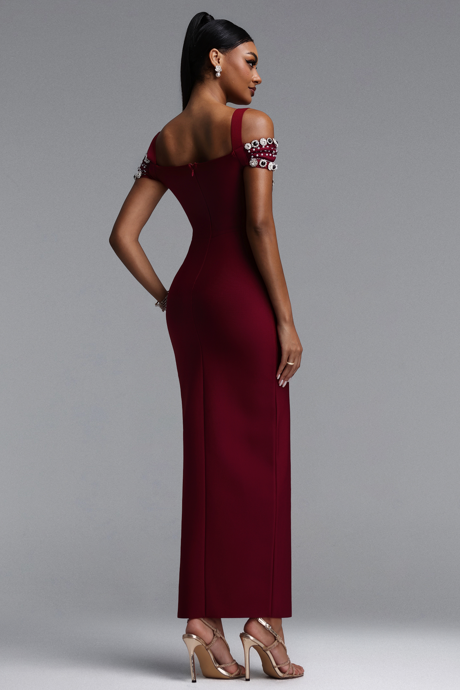 Finch Elegant Contour Off Shoulder Rhinestone Trim High Slit Bandage Maxi Dress