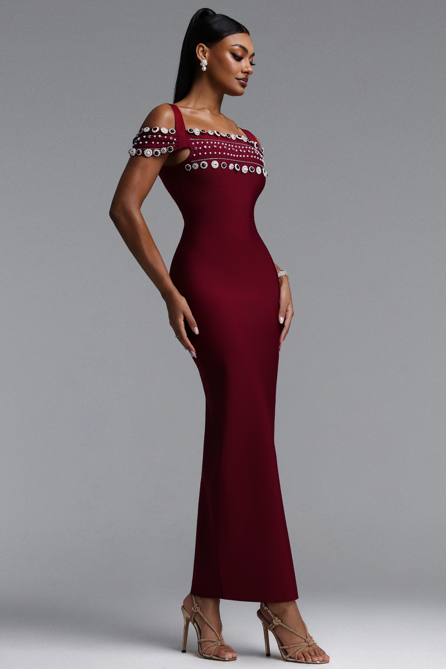 Finch Elegant Contour Off Shoulder Rhinestone Trim High Slit Bandage Maxi Dress