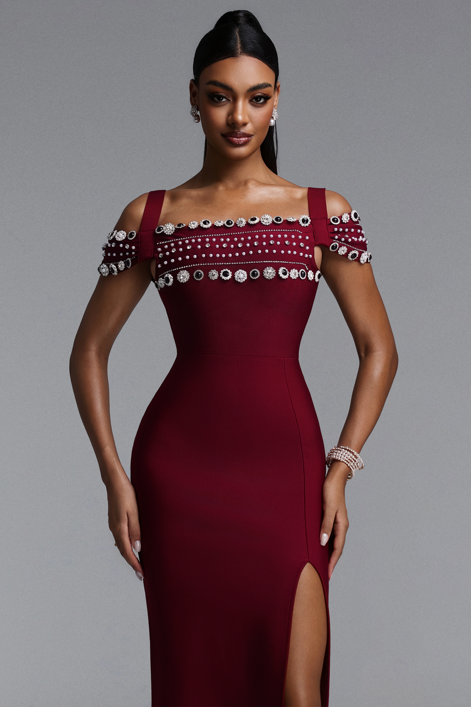 Finch Elegant Contour Off Shoulder Rhinestone Trim High Slit Bandage Maxi Dress