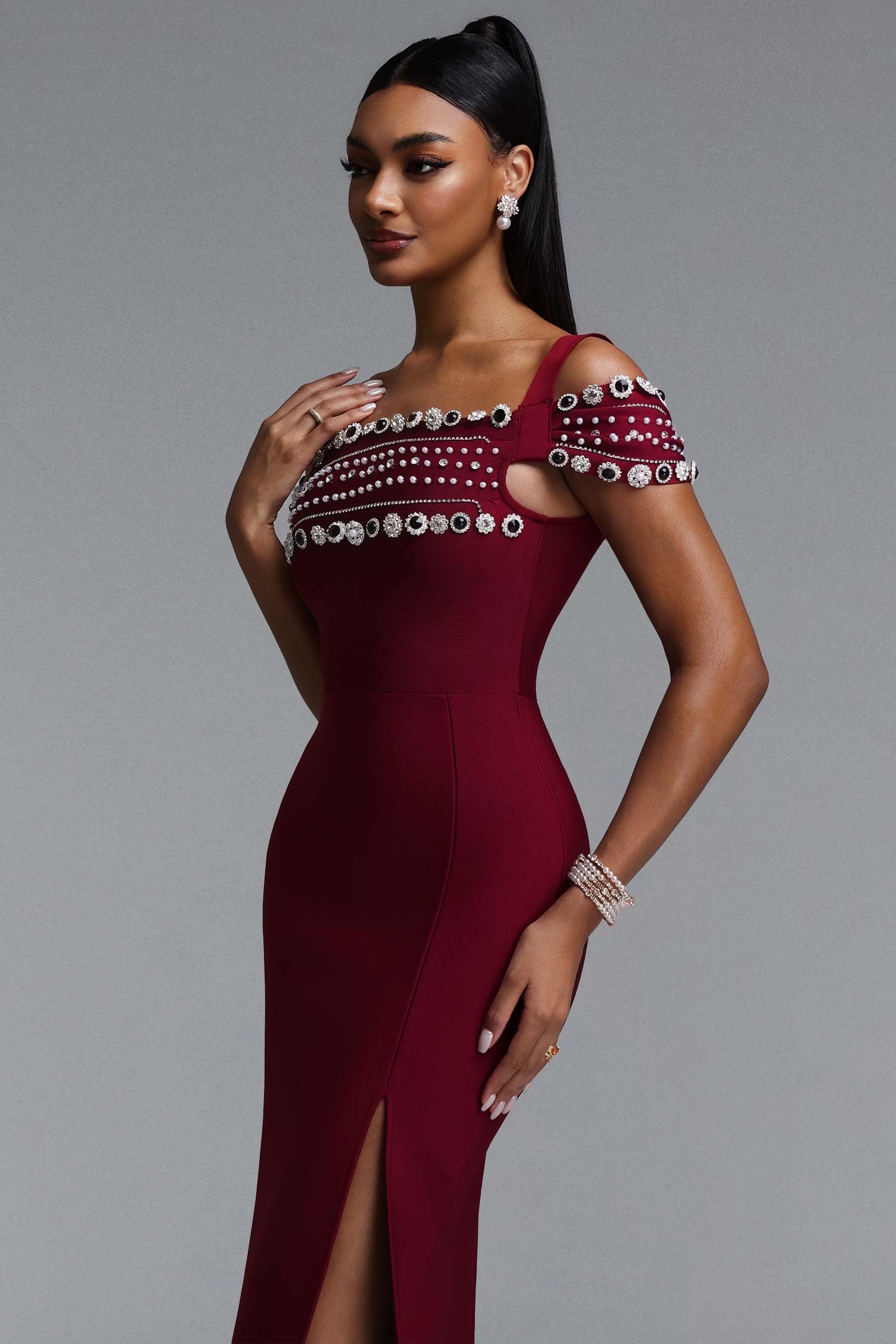 Finch Elegant Contour Off Shoulder Rhinestone Trim High Slit Bandage Maxi Dress