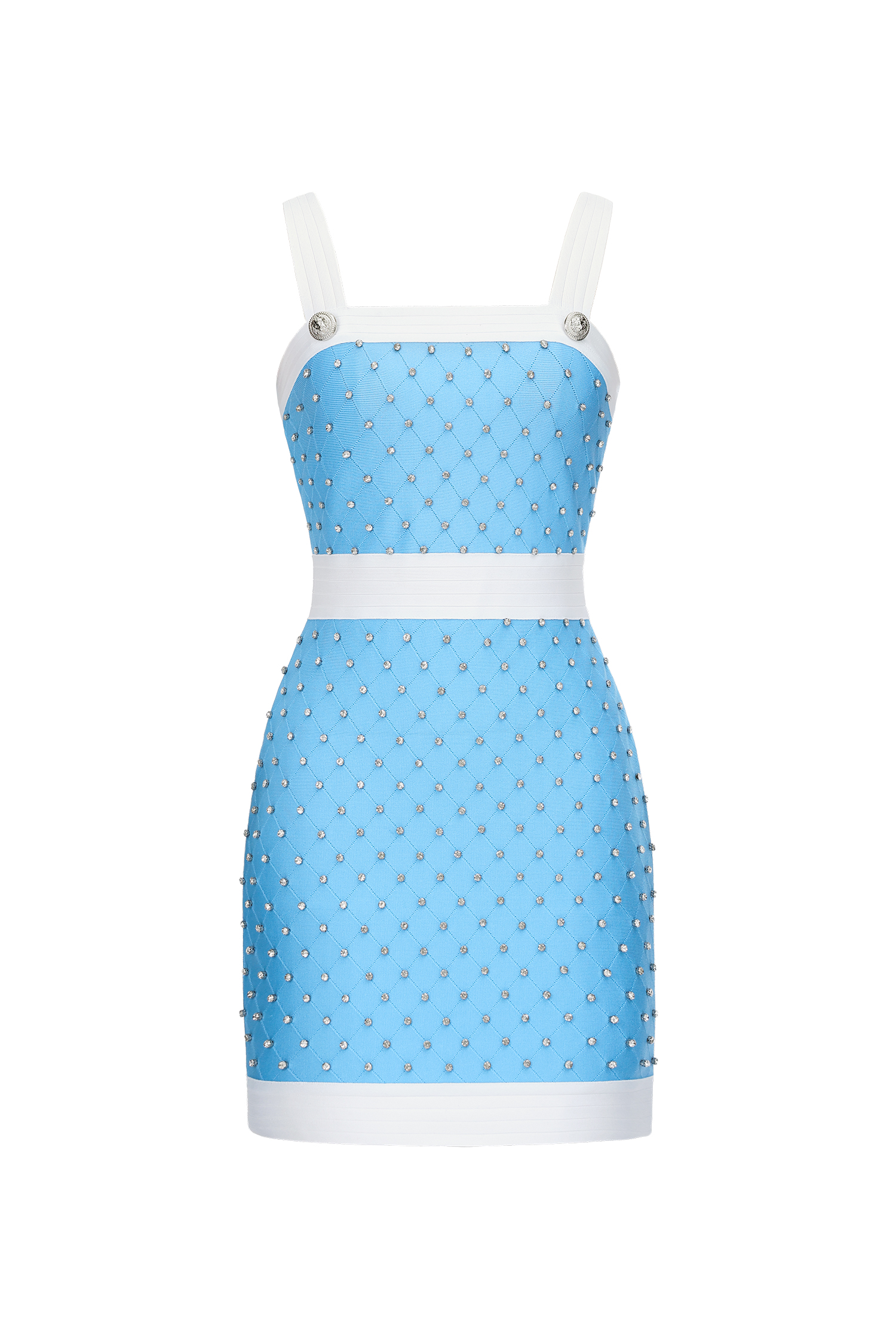 Parry Chic Fitted Wide Strap Color Block Rhinestone Bandge Mini Dress