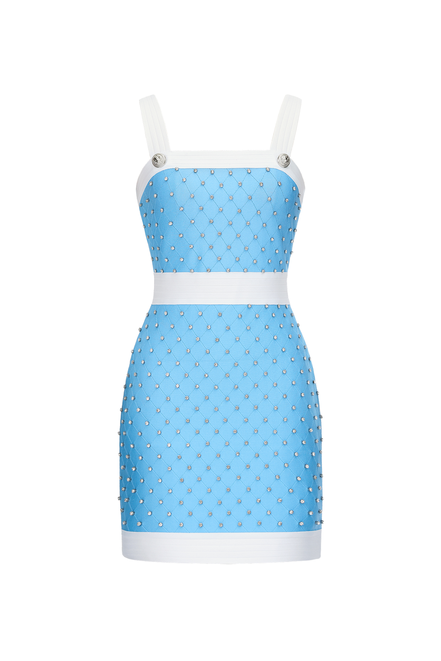 Parry Chic Fitted Wide Strap Color Block Rhinestone Bandge Mini Dress