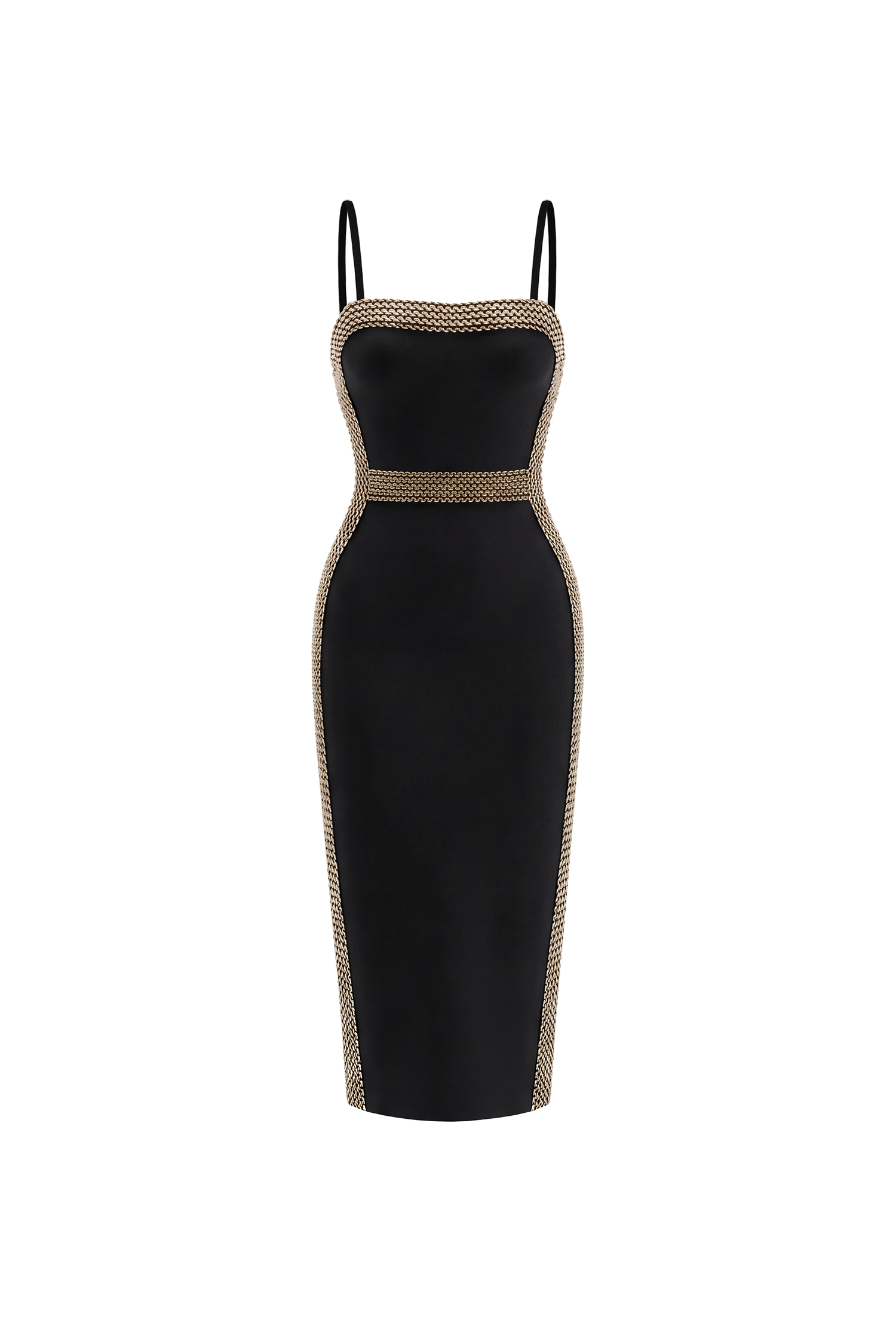 Lestie Minimalist Contour Straight Neck Gold Woven Bandage Midi Dress