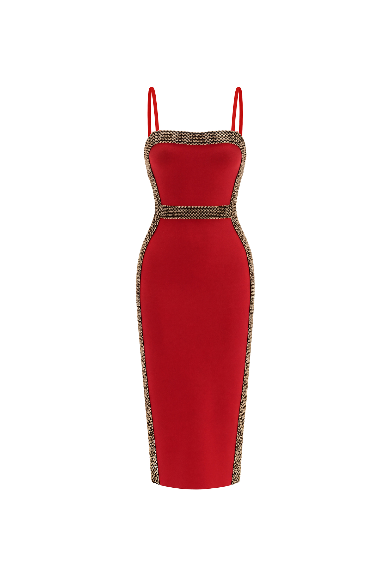 Lestie Minimalist Contour Straight Neck Gold Woven Bandage Red Midi Dress