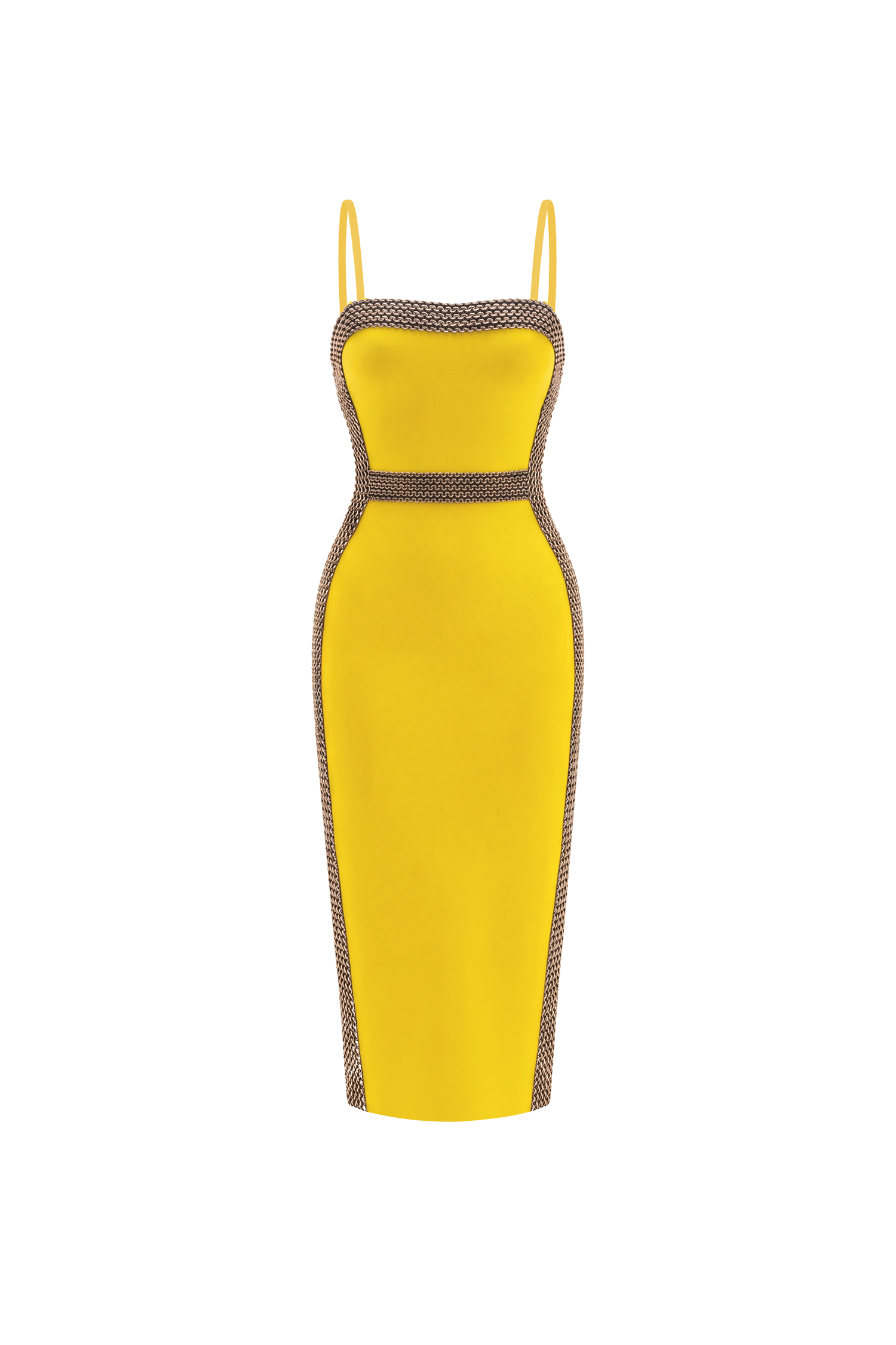 Lestie Minimalist Contour Straight Neck Gold Woven Bandage Yellow Midi Dress