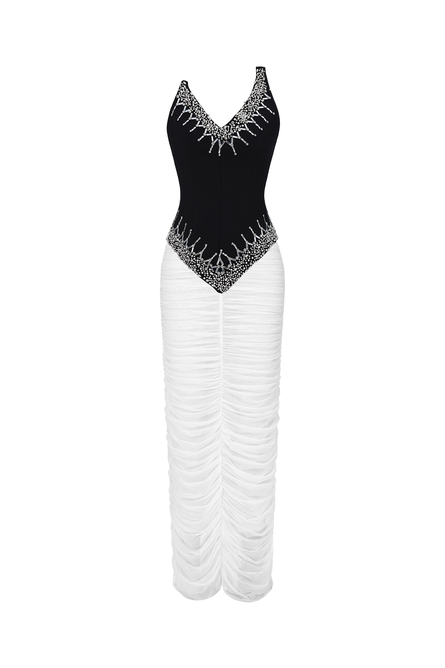 Temaie Luxurious Contour Spaghetti Strap V Neck Rhinestone Ruched Two Piece Maxi Dress