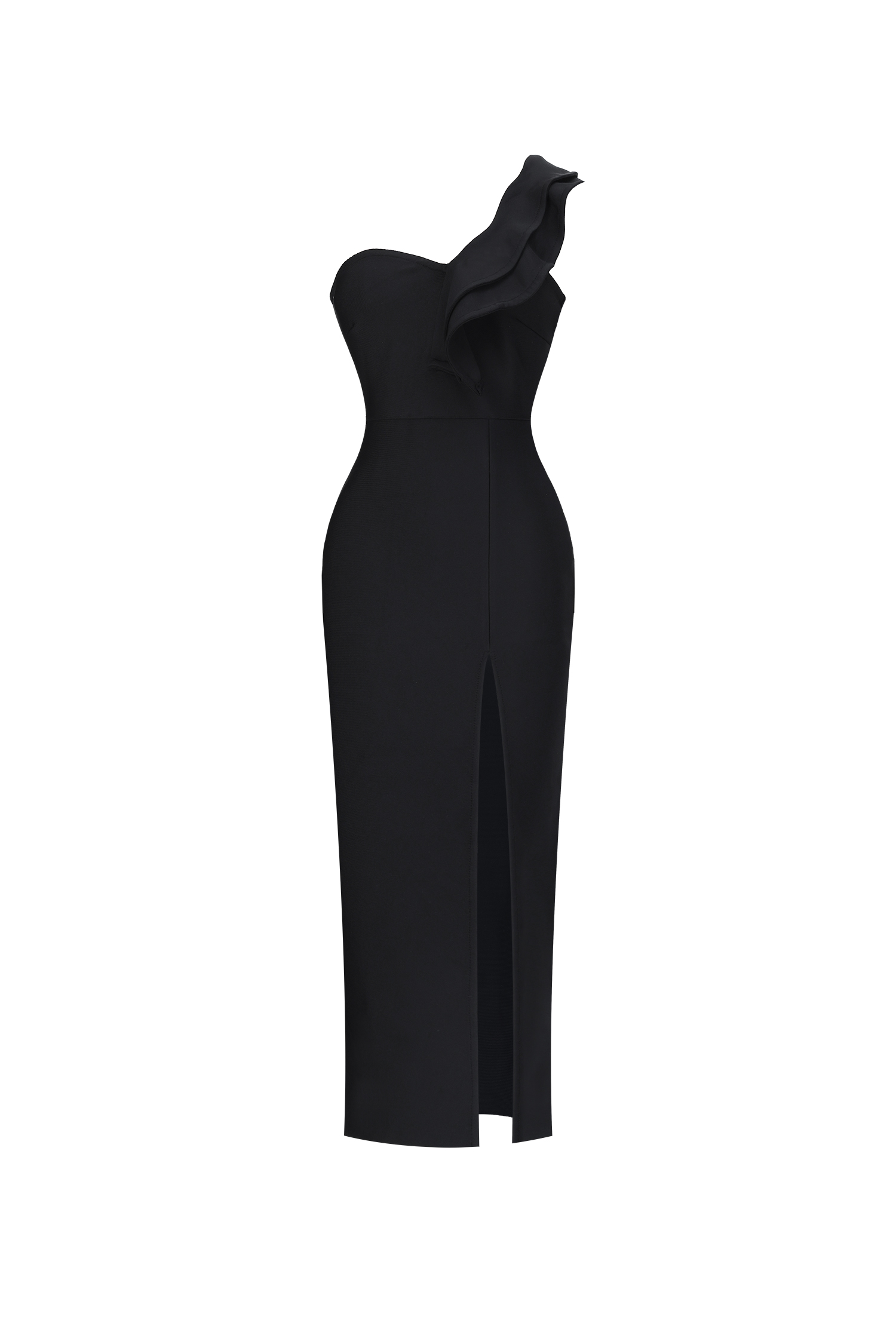 Winnie Minimal Contour One Shoulder Ruffle High Slit Bandage Midi Dress