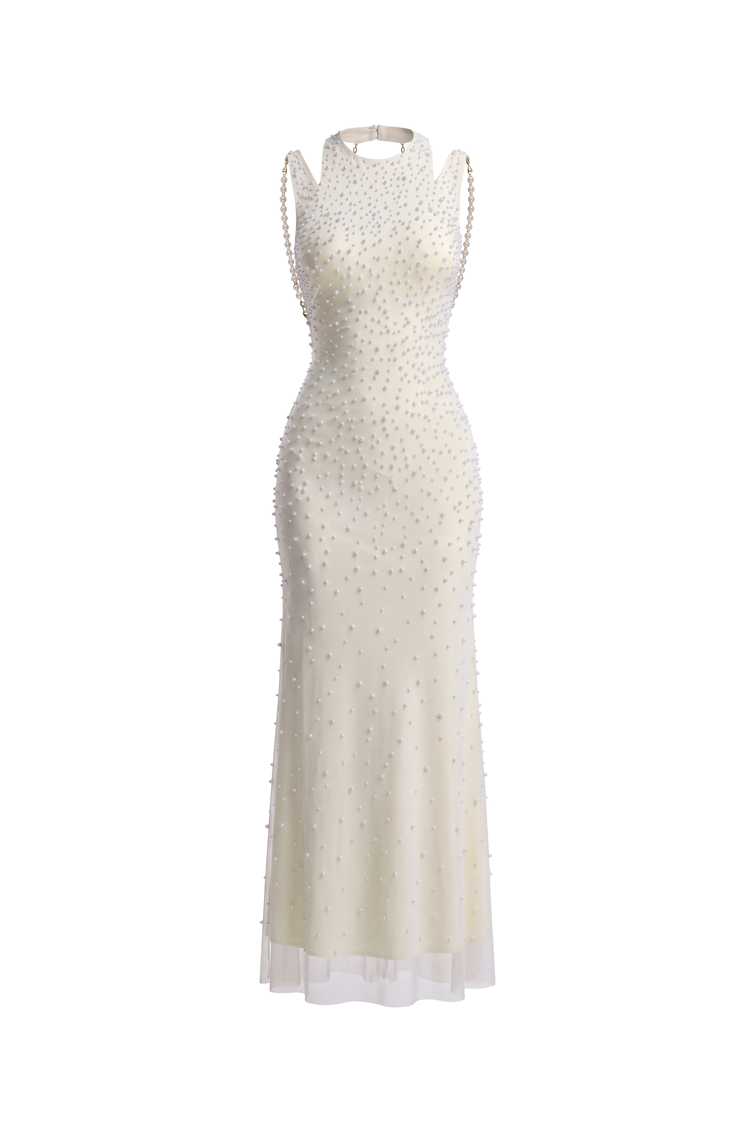 Dilara Elegant Slim Sleeveless Cutout Shoulder All Over Pearl Mesh Mermaid Maxi Evening Dress