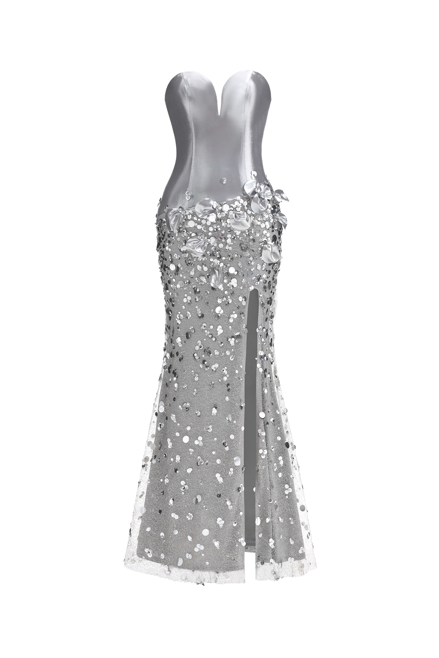 Light Luxury Strapless Metallic Satin 3D Floral Sequin Sheer Mesh High Slit Mermaid Maxi Evening Dress