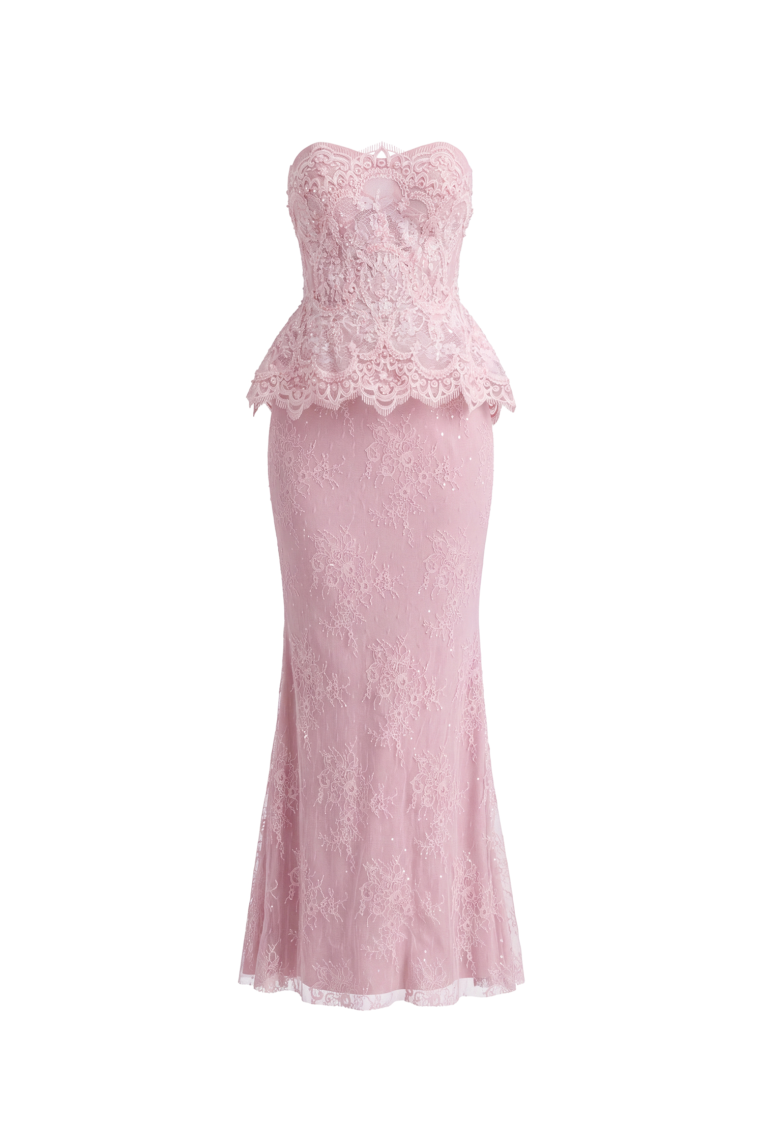 Maci Elegant Waist-Cinching Strapless Ruffle Hem Lace Beaded Embroidery Bodycon Mermaid Maxi Evening Dress