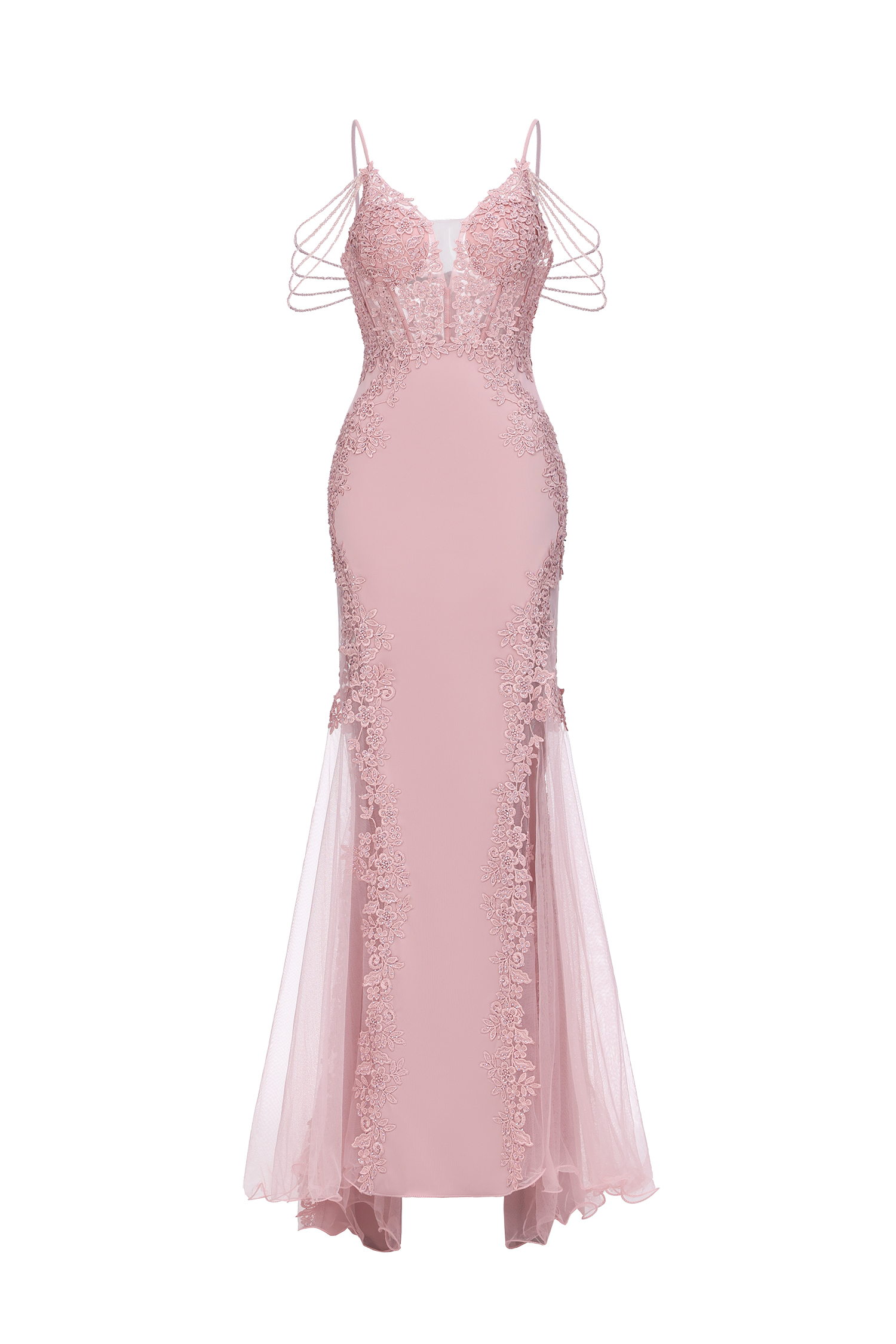 Encho Elegant Waist-Cinching Thin Strap V-Neck Off-Shoulder Tassel Lace Floral Mesh Bodycon Mermaid Maxi Evening Dress