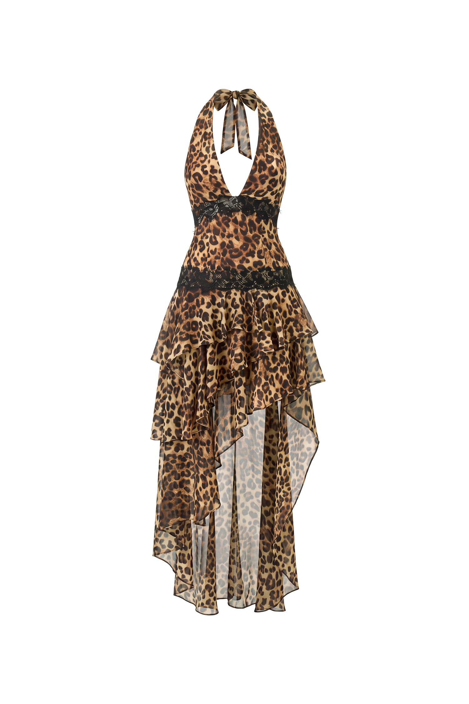Leah Sexy Contour V Neck Halter Ruffle Leopard Print Chiffon Maxi Dress