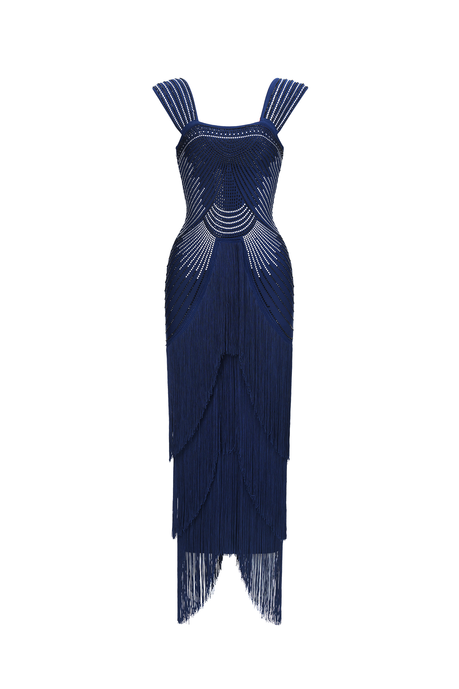 Hatice Square Neck Rhinestone Fringe Bandage Maxi Dress