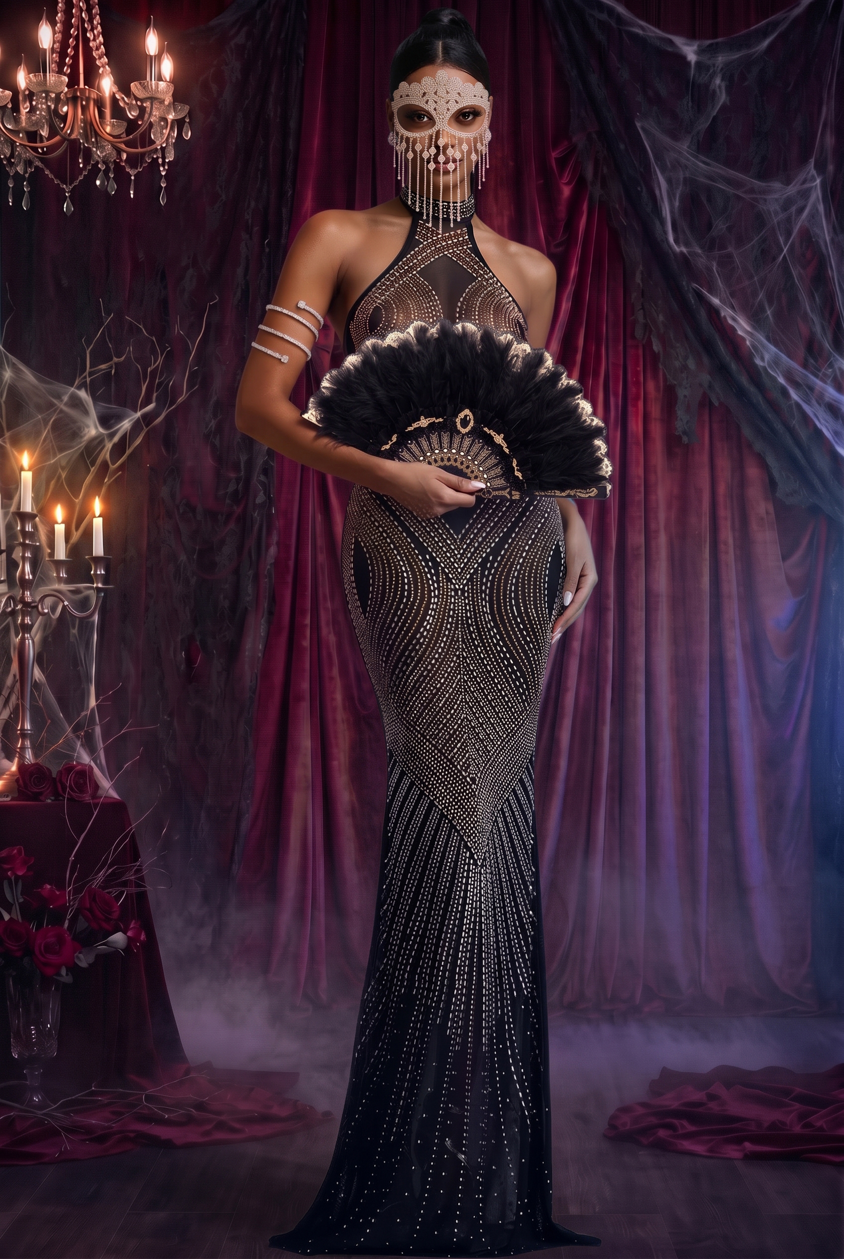 Zelda Gorgeous Halter Sleeveless Rhinestone Stretch Knit Maxi Dress