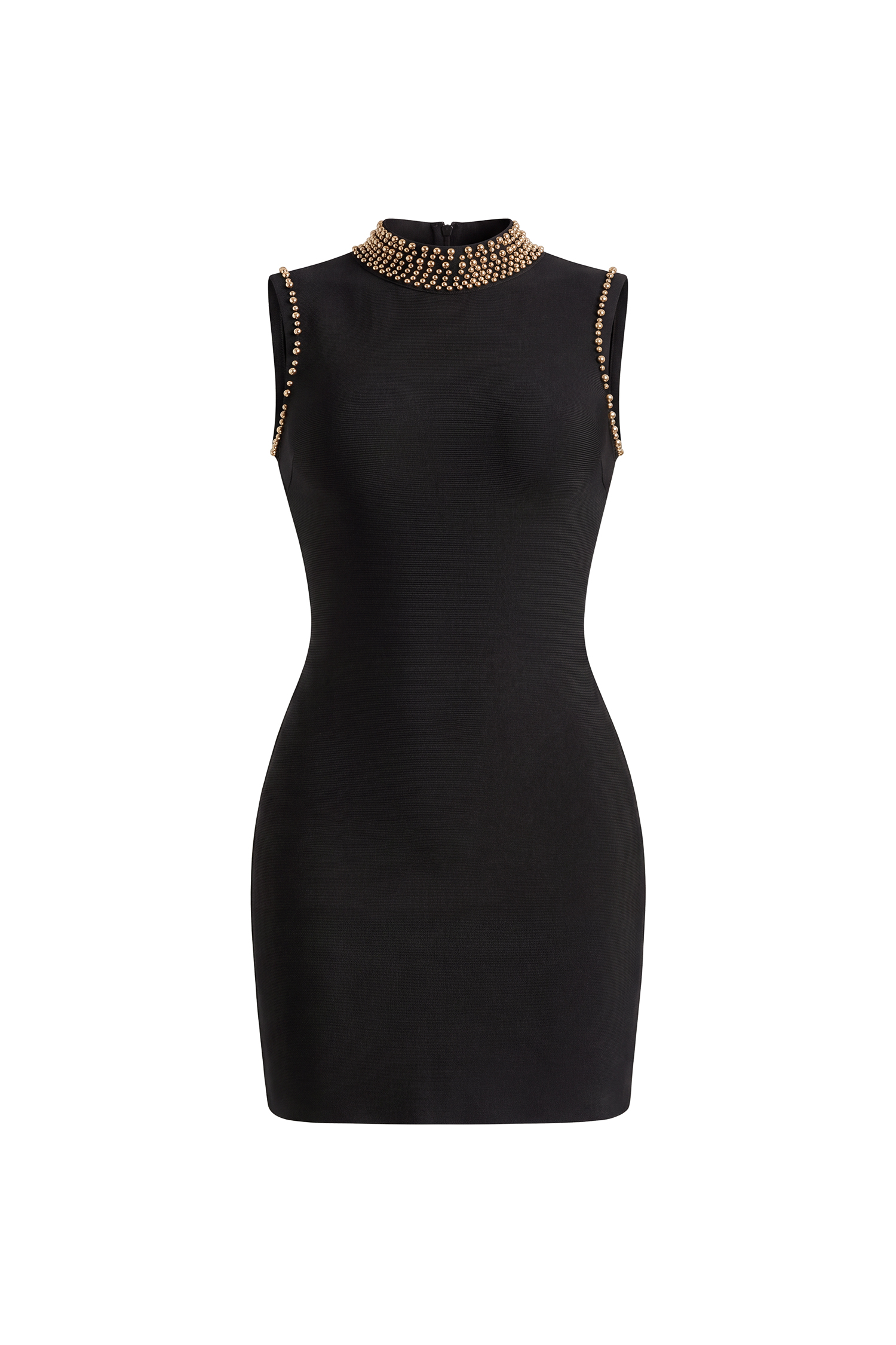 Paomi Stylish Contour High Neck Sleeveless Beaded Bandage Mini Dress