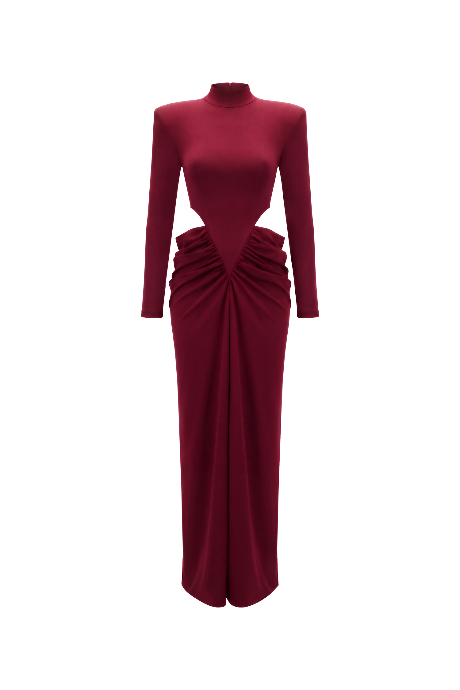 Elliott Luxury High Neck Padded Shoulder Cut Out Ruched Maxi Dress