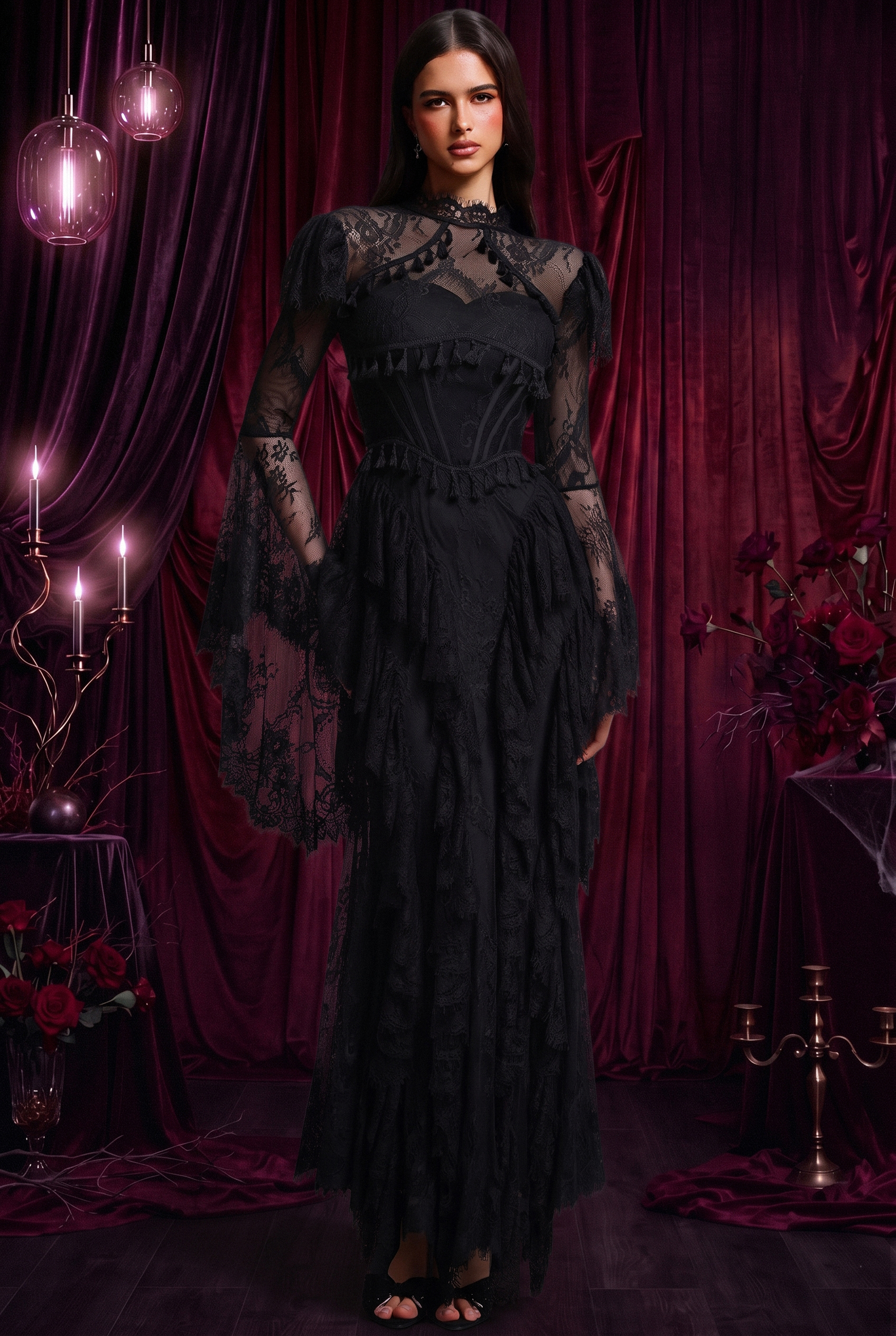 Lucia Vintage Fitted Flare Long Sleeve Lace Maxi Dress
