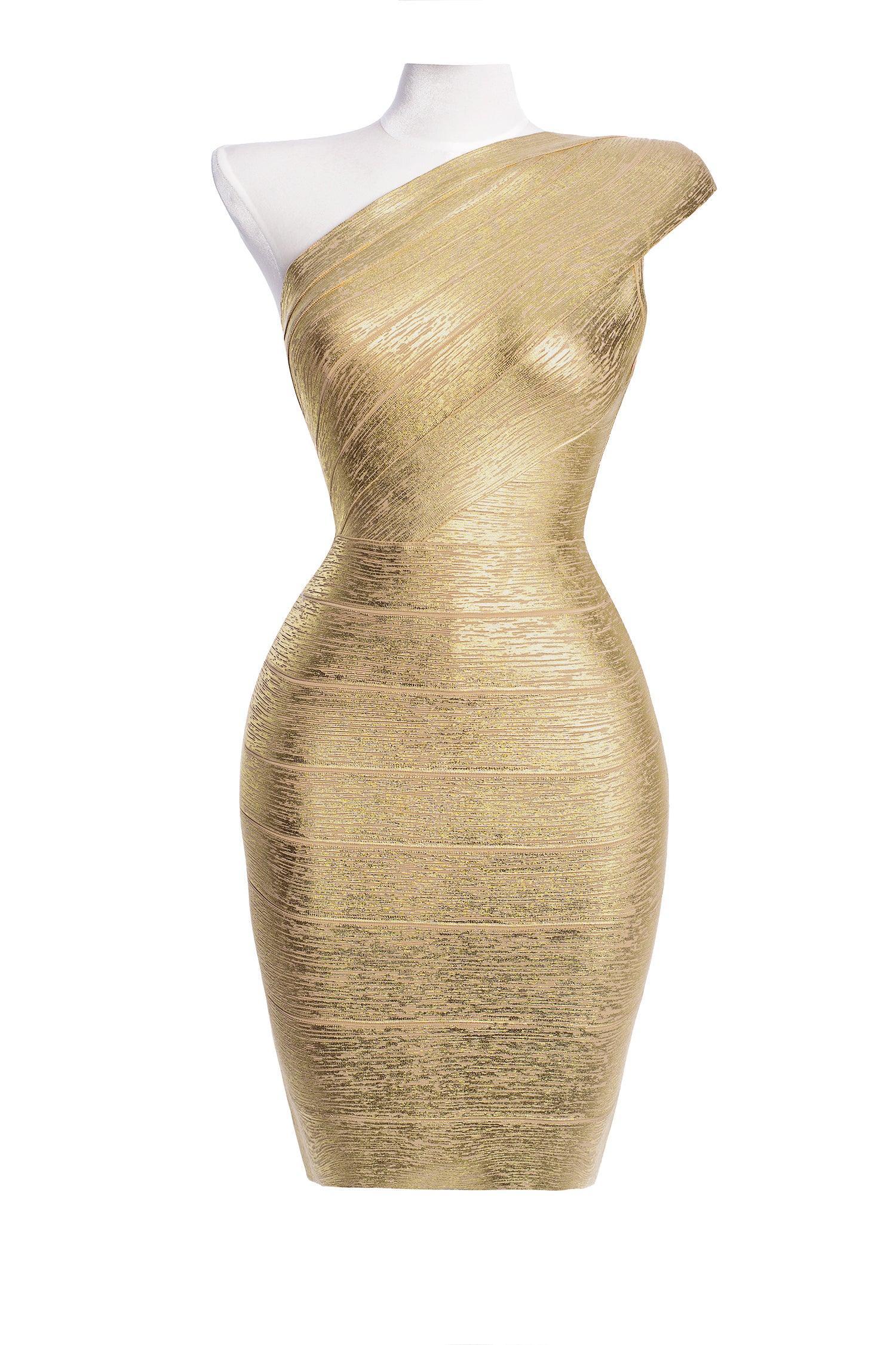 Metallic Bandage Mini Cocktail Dress - Gold - Bellabarnett