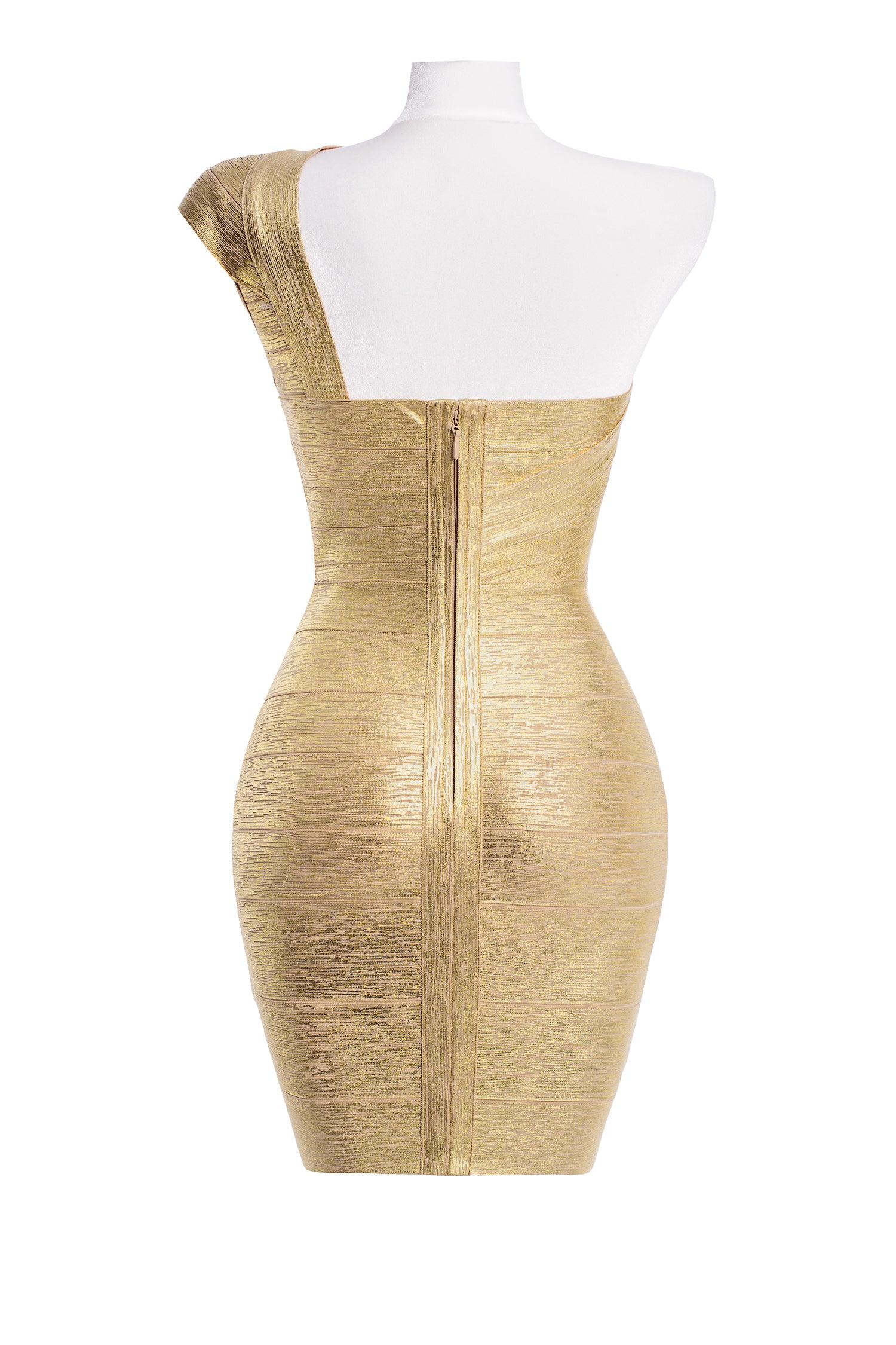 Metallic Bandage Mini Cocktail Dress - Gold - Bellabarnett