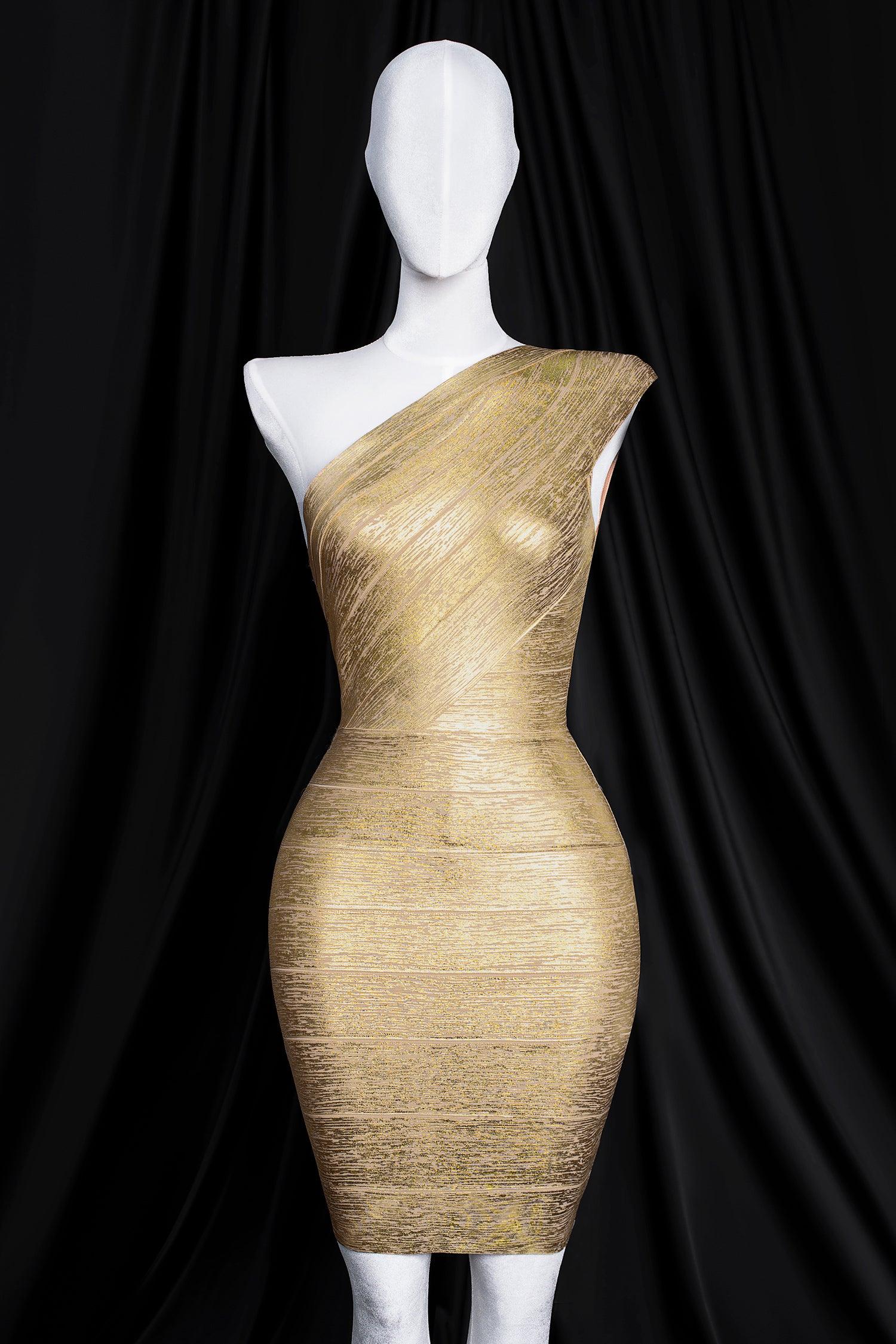 Metallic Bandage Mini Cocktail Dress - Gold - Bellabarnett