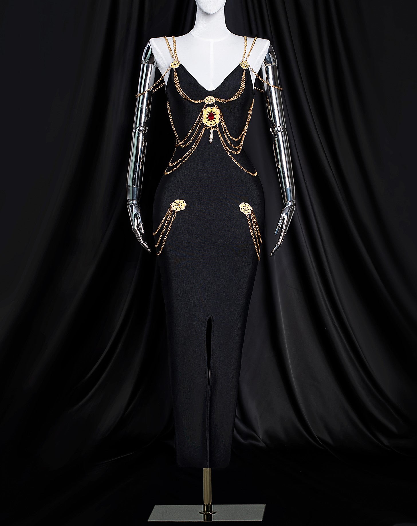 Metal Embellishment Retro Party Dress - Black