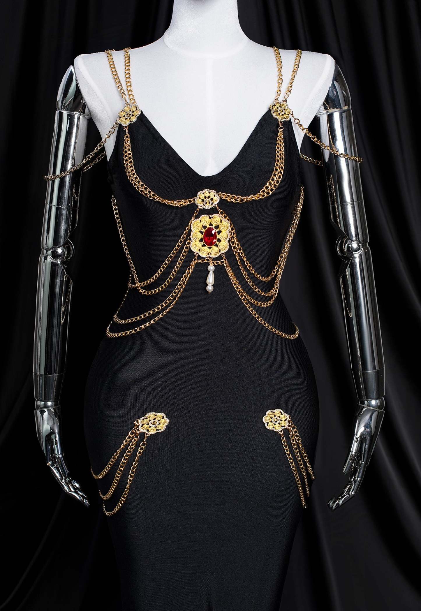 Metal Embellishment Retro Party Dress - Black