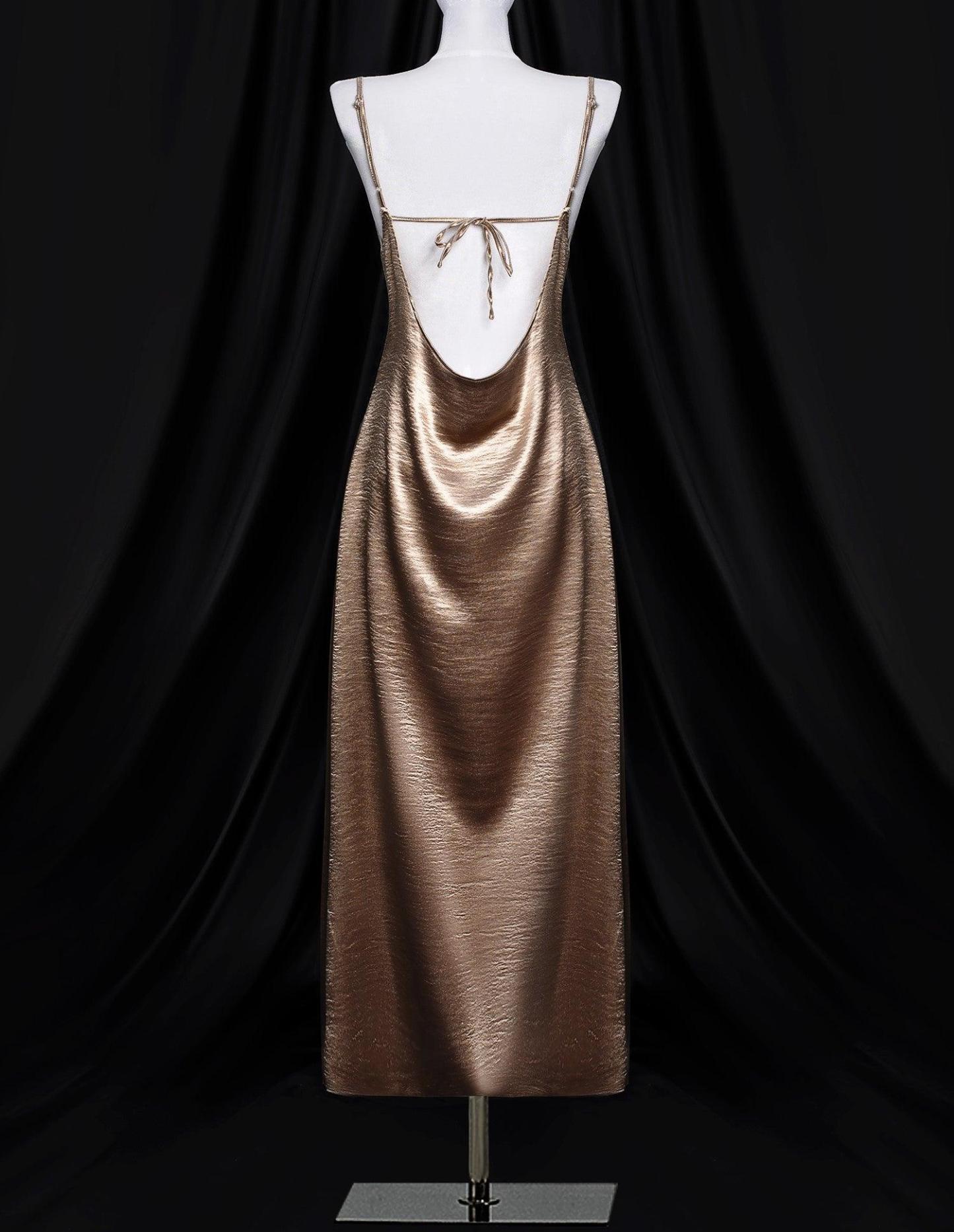 Metallic Gold Satin Party Dress - Bellabarnett