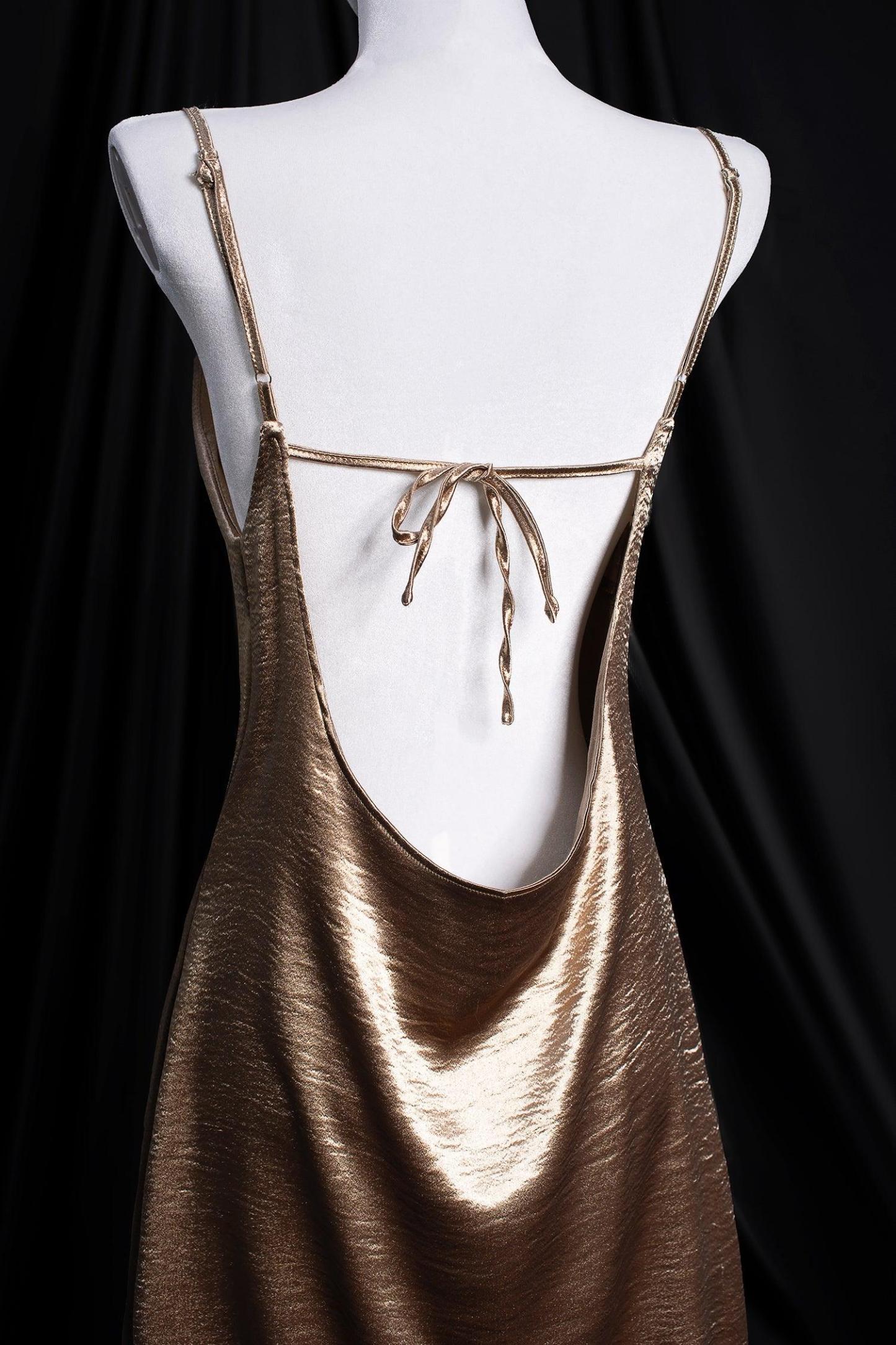 Metallic Gold Satin Party Dress - Bellabarnett