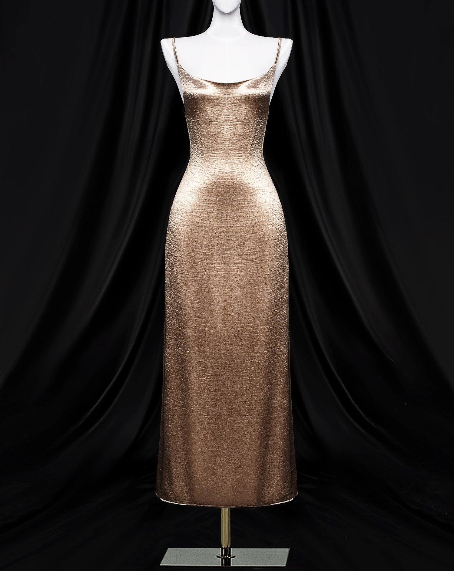 Metallic Gold Satin Party Dress - Bellabarnett