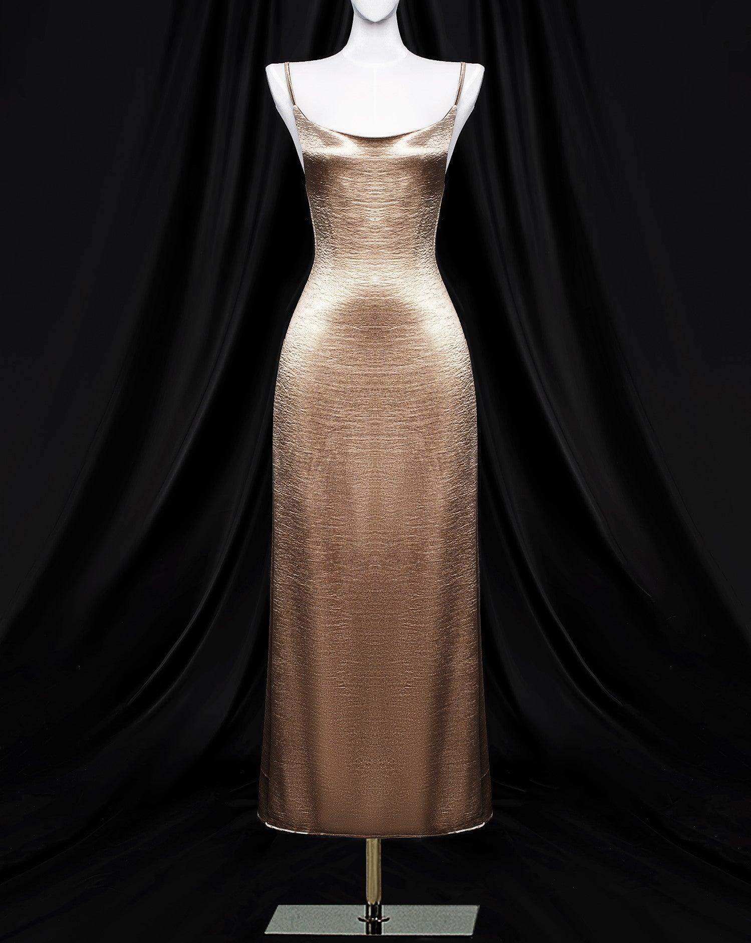 Metallic Gold Satin Party Dress - Bellabarnett