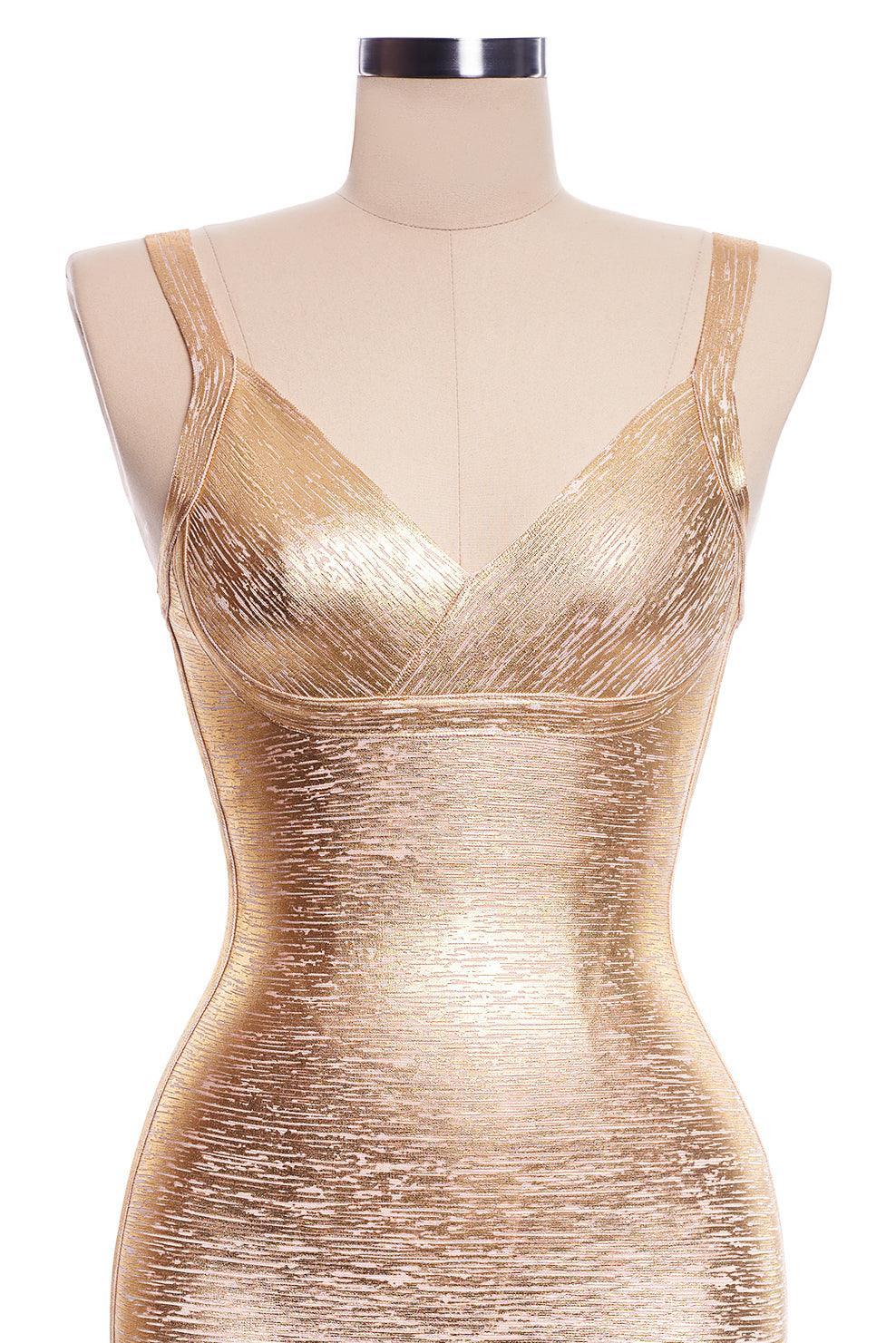 Zip Open Back Metallic Bandage Mini Dress - Gold - Bellabarnett