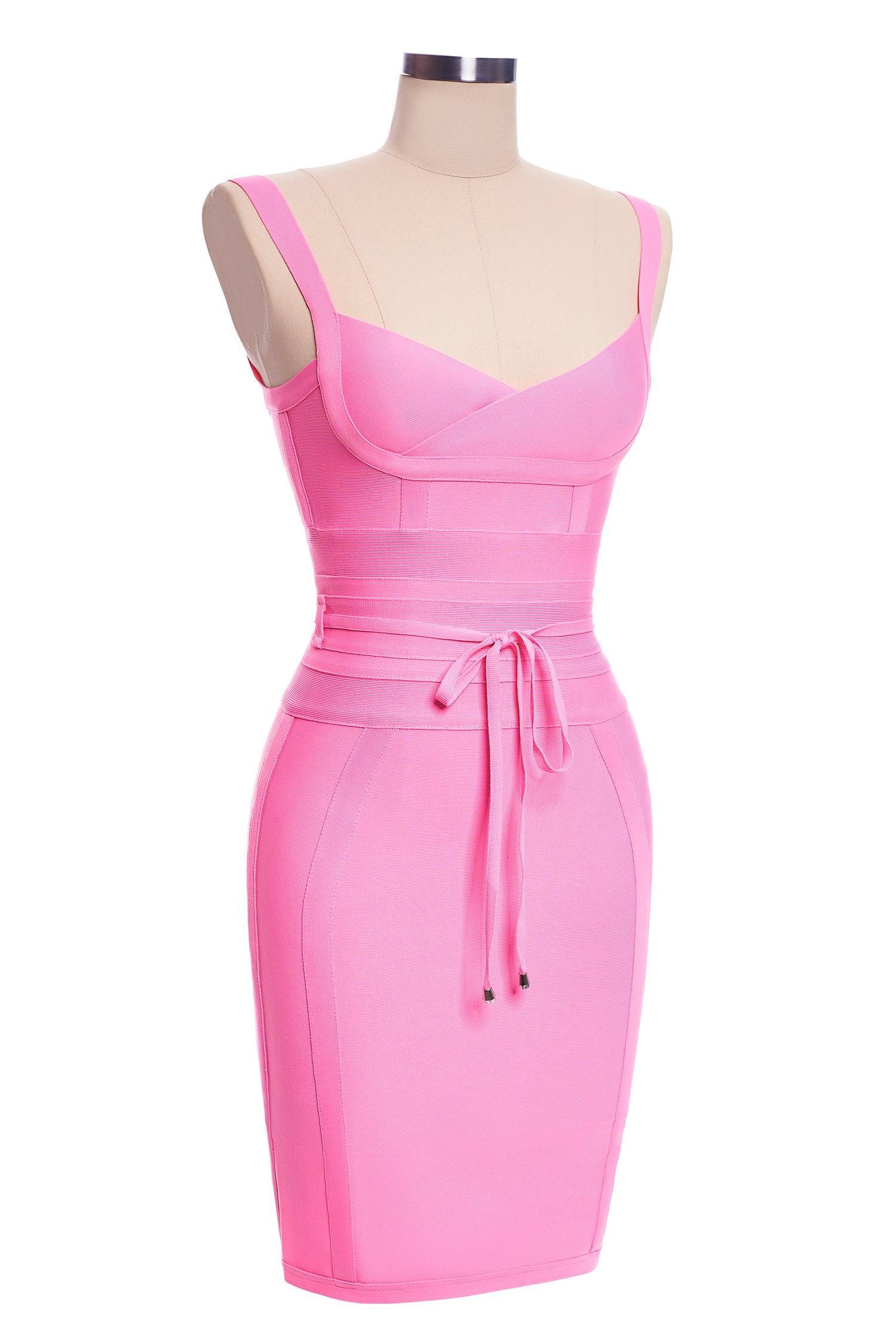 Strap Belt Sashes Bandage Bodycon Dress - Pink - Bellabarnett