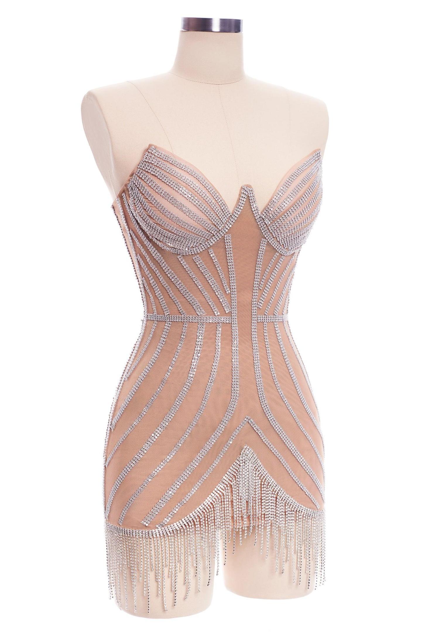 Rhinestone Fringe Mini Corset Dress - Bellabarnett