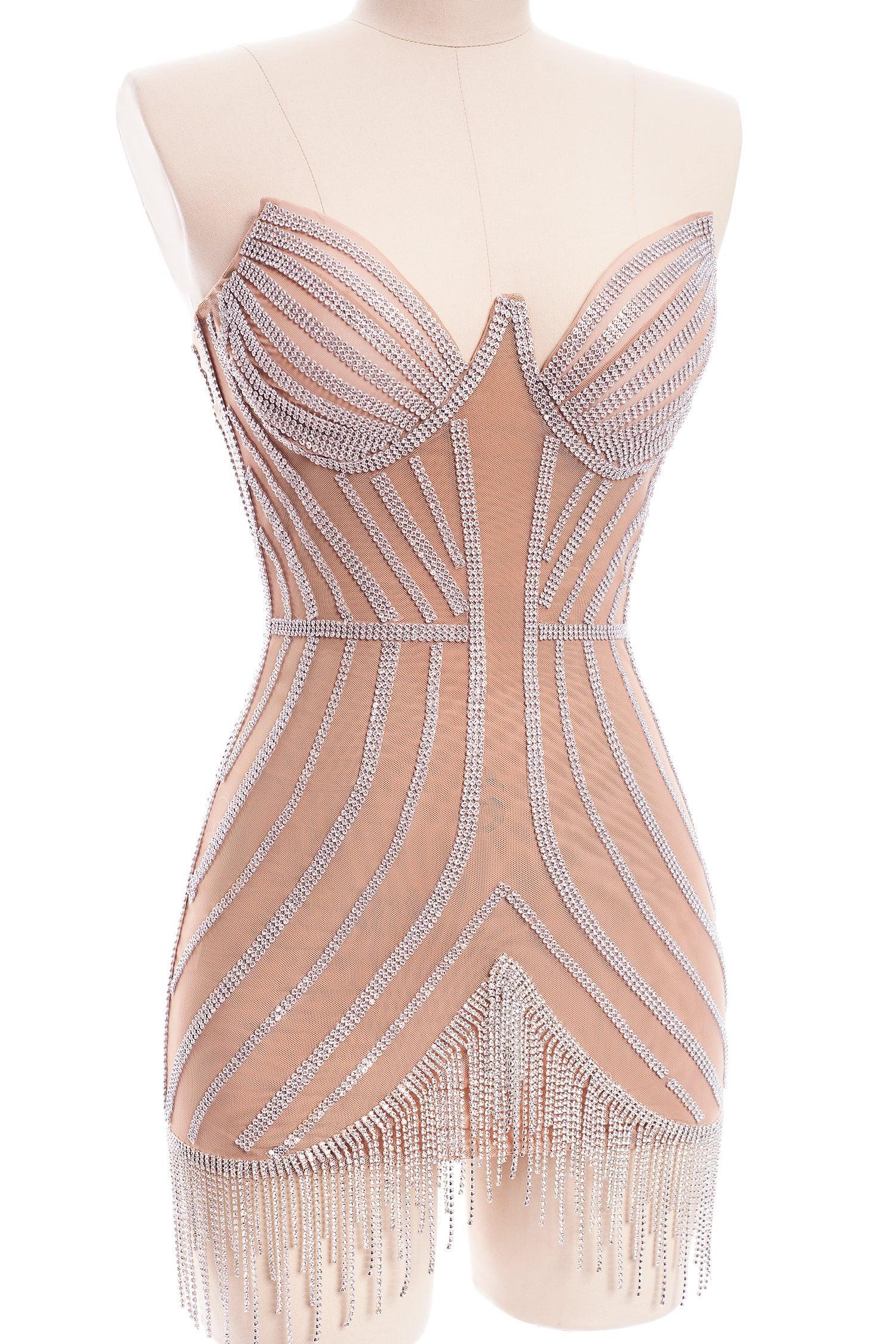 Rhinestone Fringe Mini Corset Dress - Bellabarnett