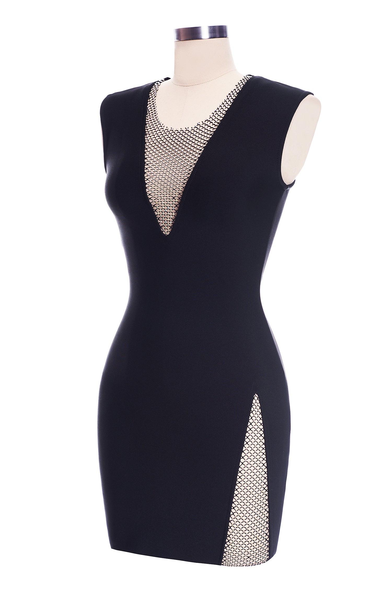 V Neck Bandage Bodycon Split Mini Dress - Classic Black - Bellabarnett